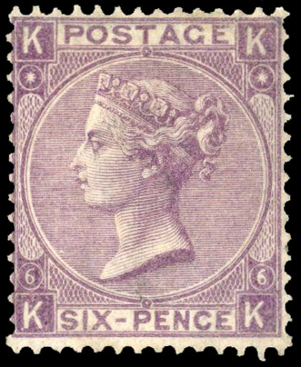 1867-80 6d lilac, plate 6 (KK), large part og