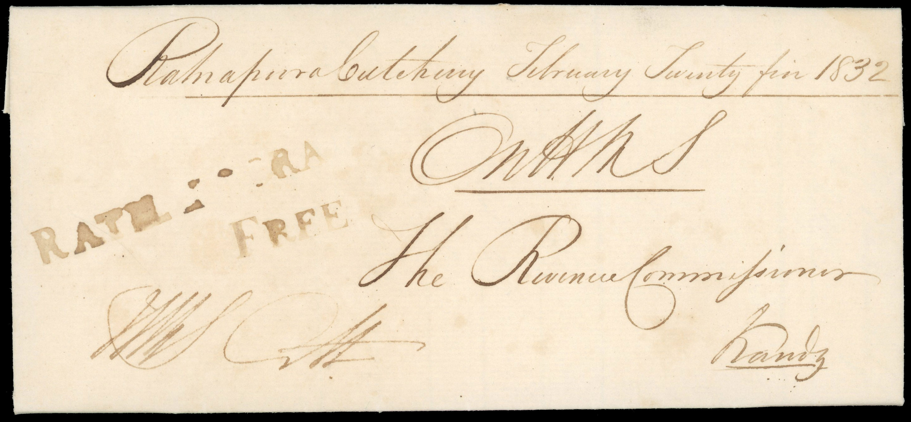 Ceylon 1832 entire letter addressed to Kandy with straight-line “RATNAPOORA”.