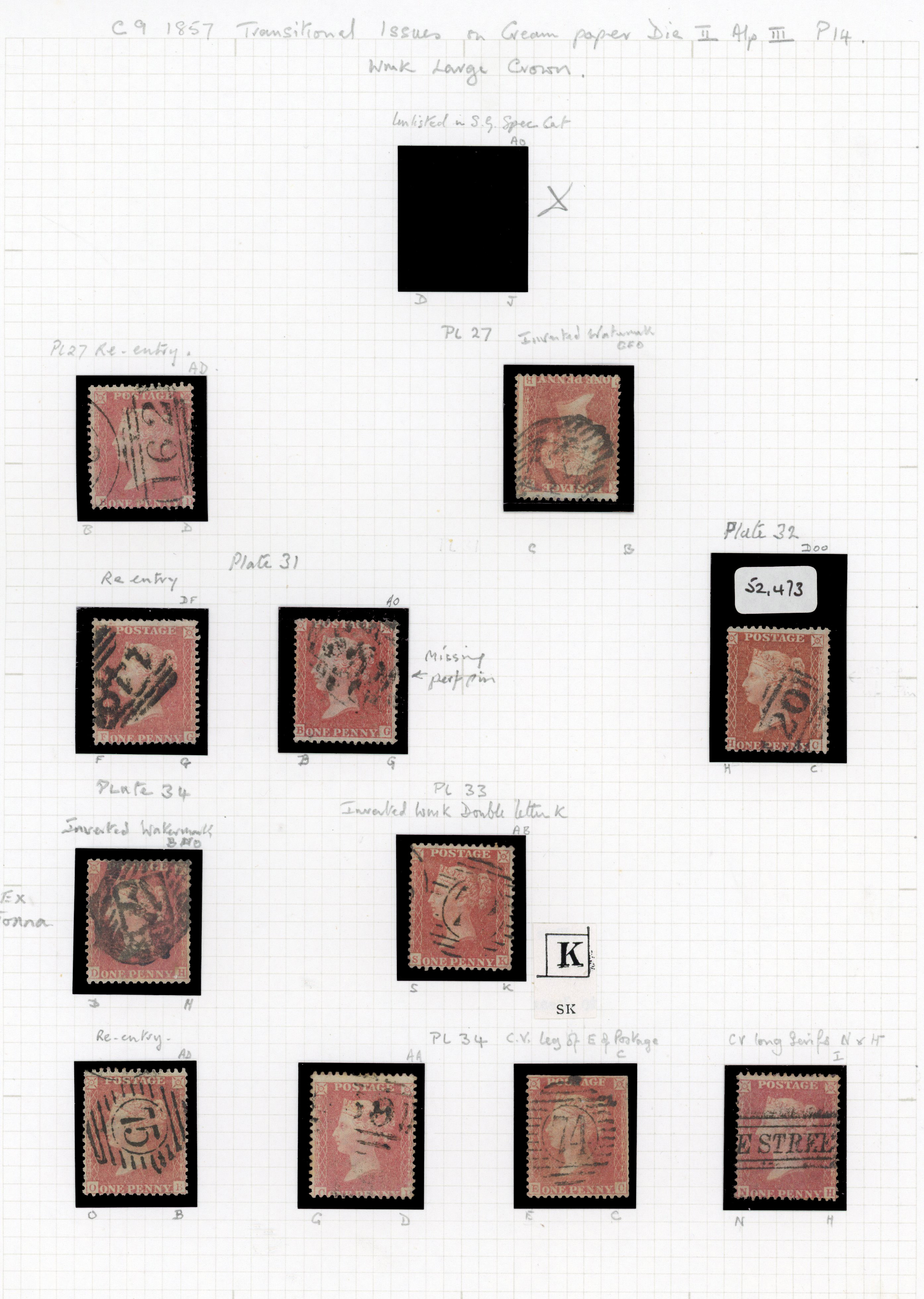 1857 1d Pale red Pl.27-55 (Die II, Alphabet III, Wmk. Large Crown Perf 14 Crema/white paper)