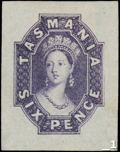 TASMANIA: 1867 6d purple, De La Rue die proof on thin wove paper, 3-4mm margins, from the original Perkins Bacon