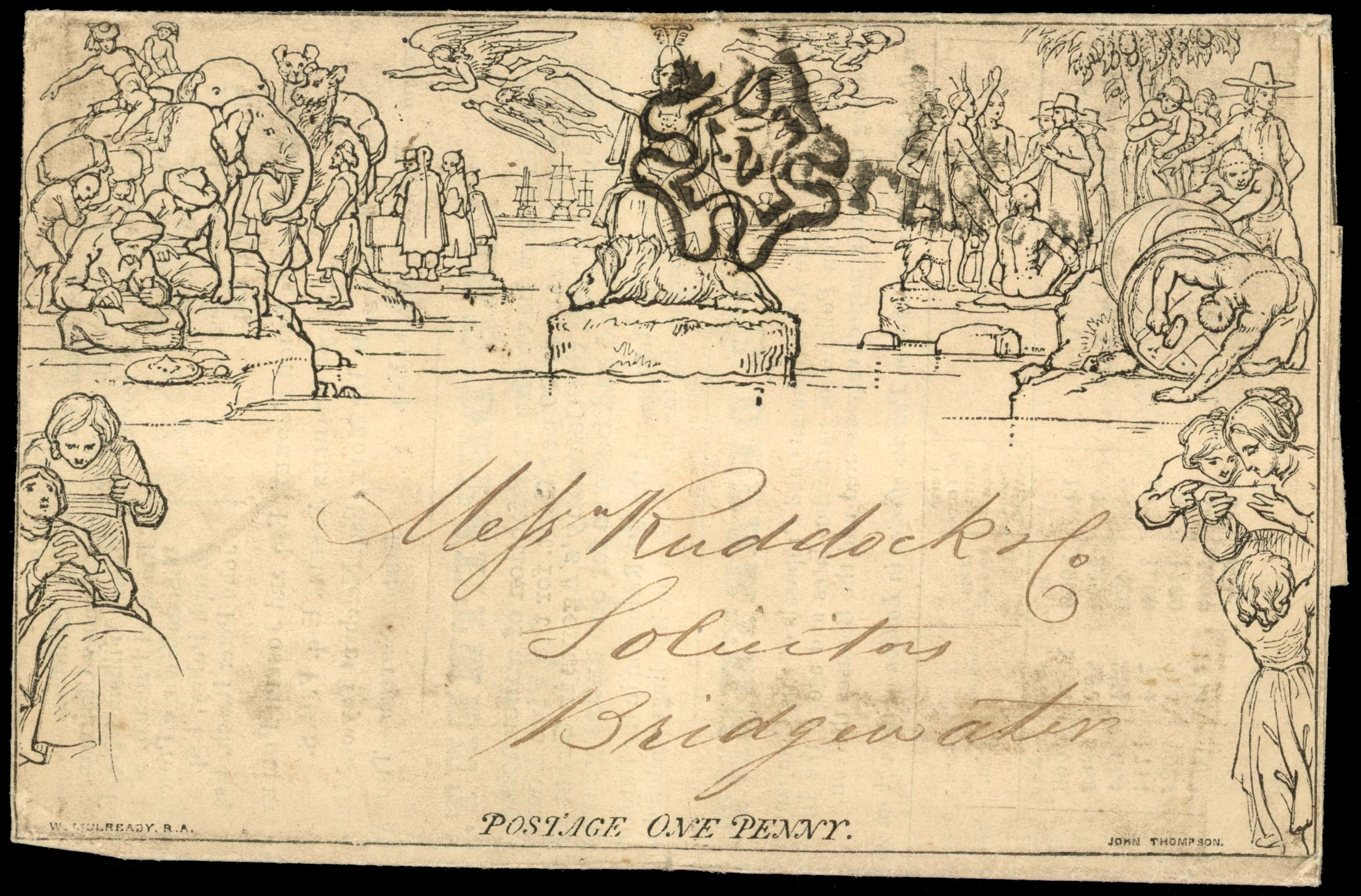 GB 1840 1d Mulready advertising lettersheet London No. 2 in Cross