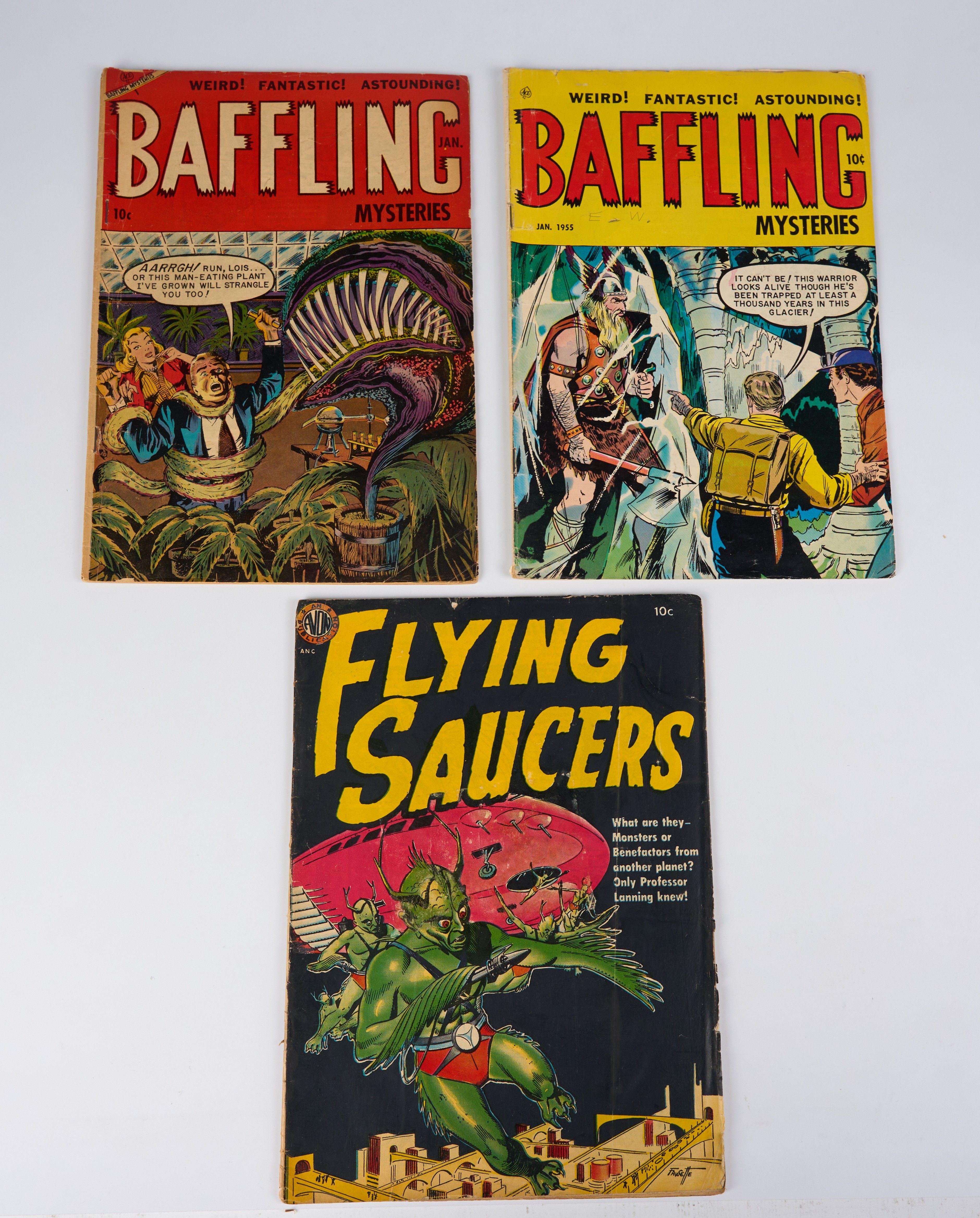 Baffling Mysteries #19 Dirty Dozen Comic & Flying Saucers #1 Wally Wood Pre-Code Horror (Ace/Avon Comics, 1952-55) Total 3