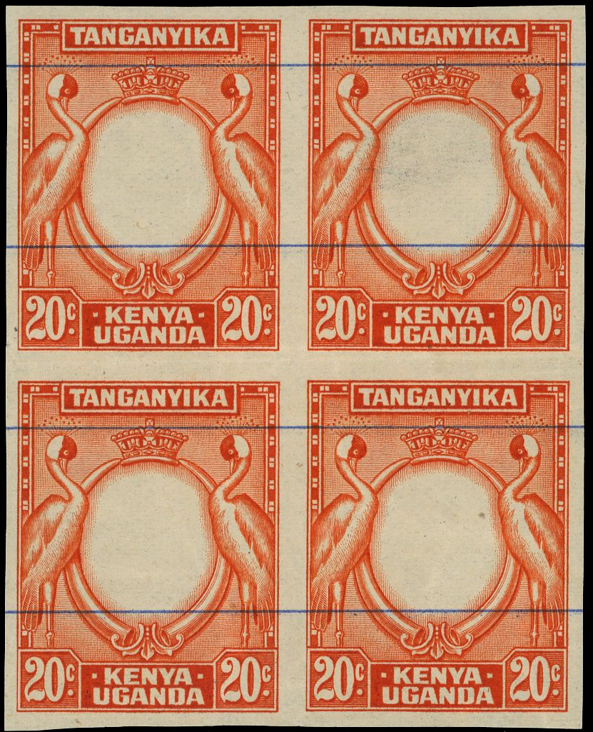 1938-54 20c plate proof of the frame in vermilion on unwatermarked security-lined paper block of four, creasing as usual. ...
