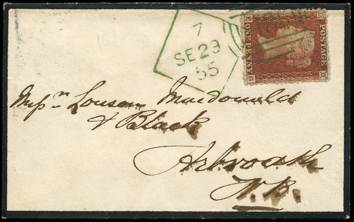 SG17 1854 1d Red-brown cover with green Dublin spoon