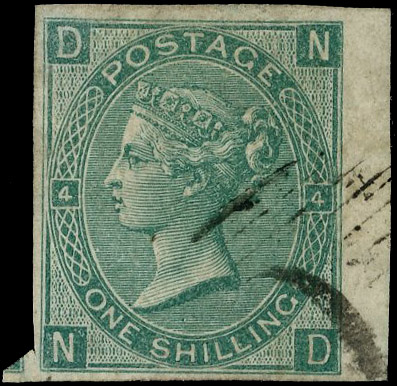1865 1s Green Pl.4 (Wmk. Emblems Inverted). Very fine used right hand wing margin imperforate example lettered ND, cance…