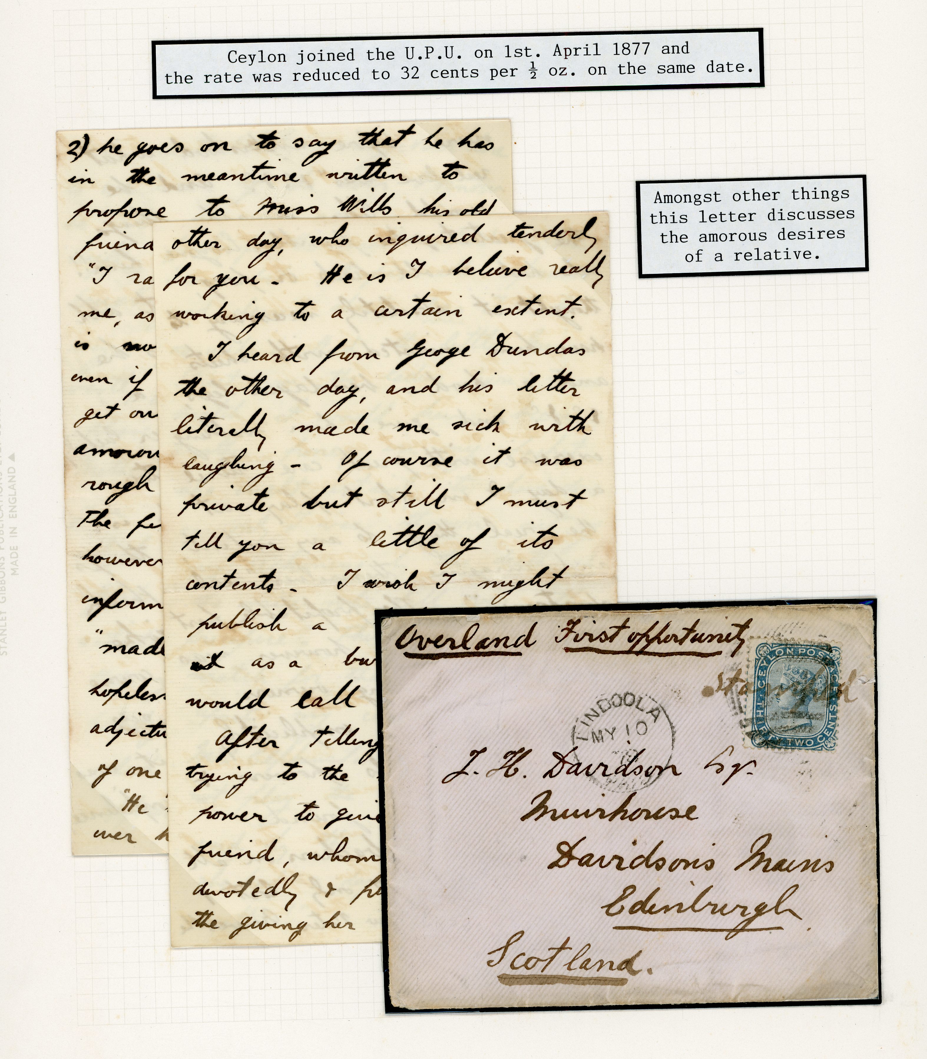 Ceylon 1877-80 pair of covers from same correspondent paying 32c UPU rate 