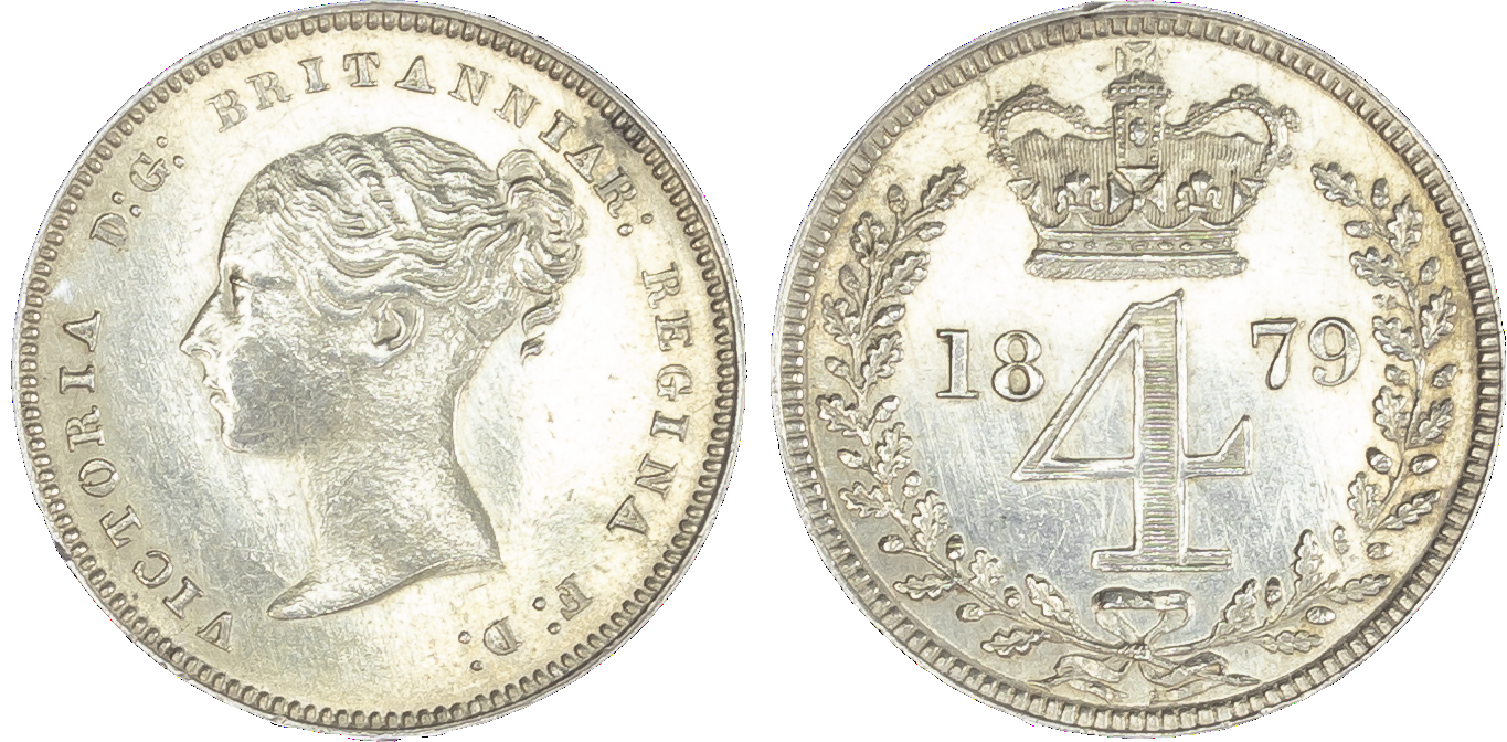 Victoria (1837-1901), Partial Maundy set, 1879, Four, Two and One Pence, young head left, legend and toothed border