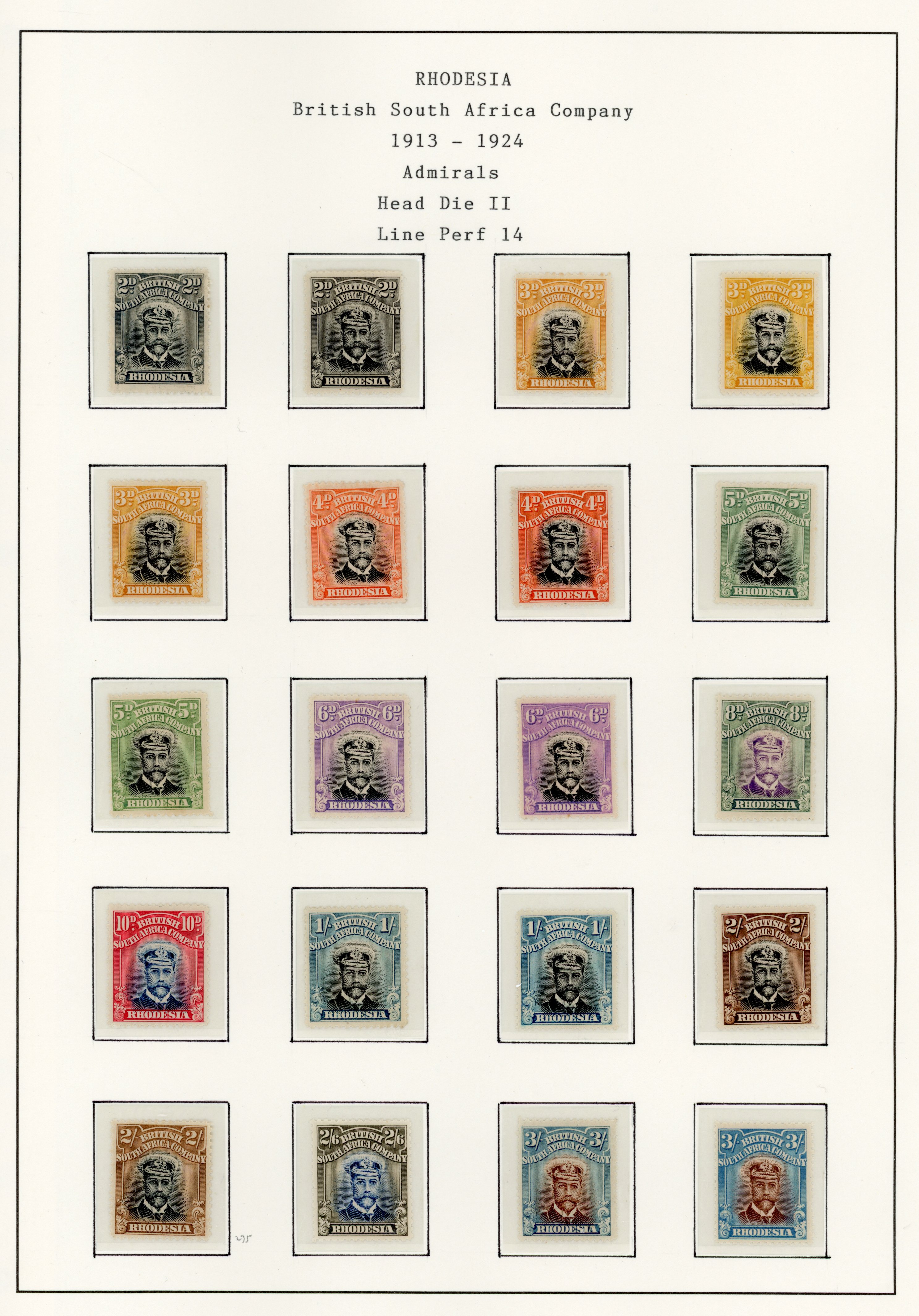 Rhodesia SG 219/243 Admiral Head Die II perf 14 collection mint