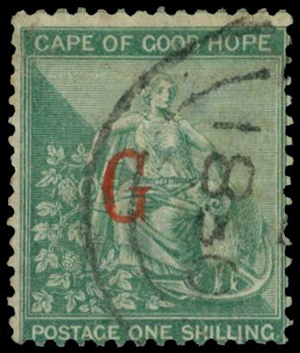 1877 1s green 'G' overprint type 4 in red,...