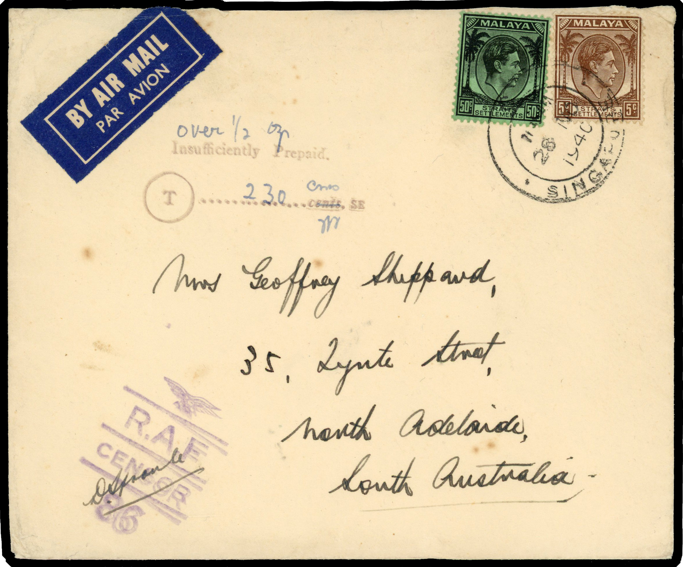 Straits Settlements 1940 underpaid censored airmail cover to Australia