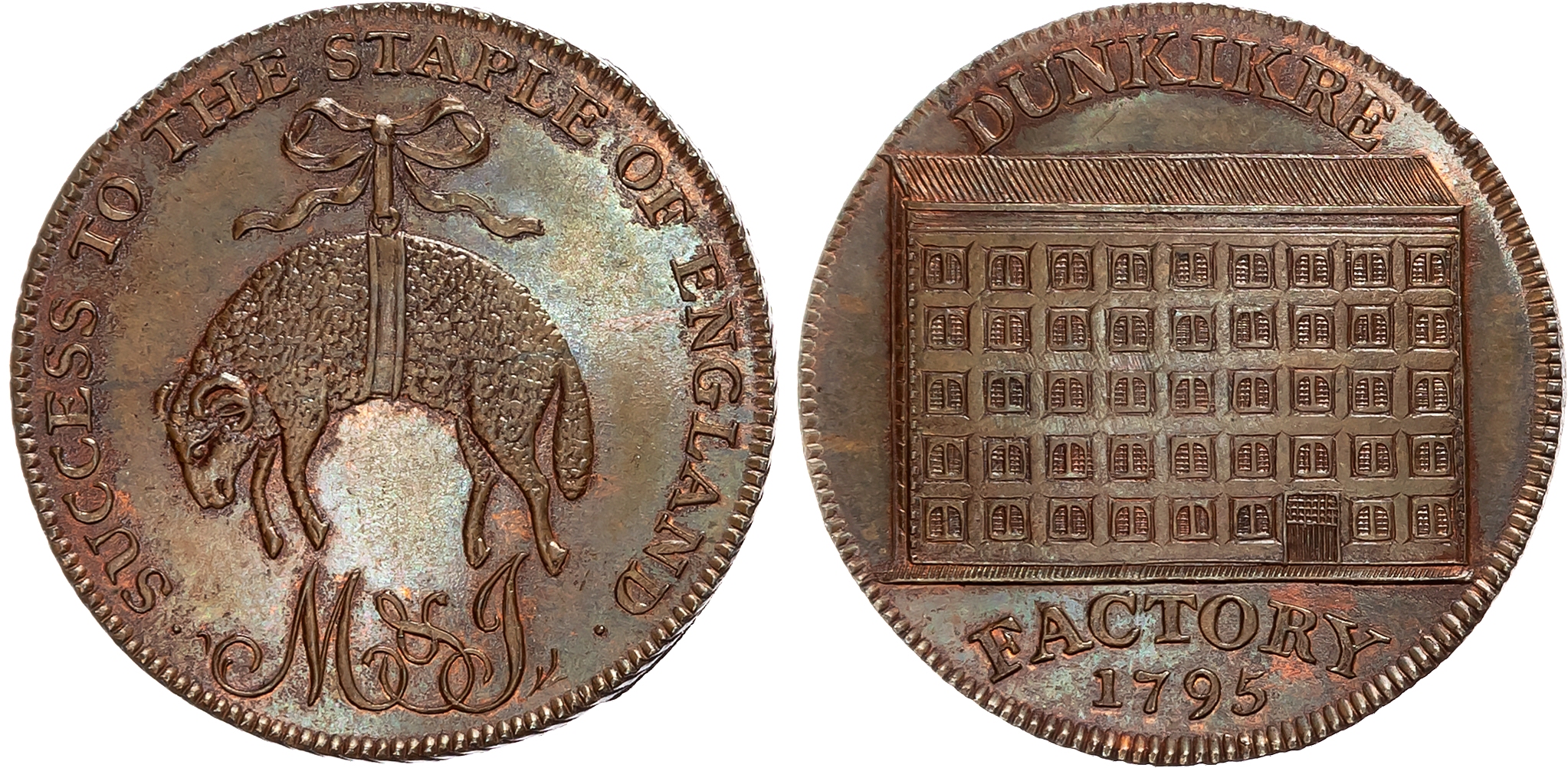 Som. Freshford , John Moggeridge and Thomas Joyce (yarn and clothmakers) Halfpenny 1795, Hanging fleece over M&J cypher, …