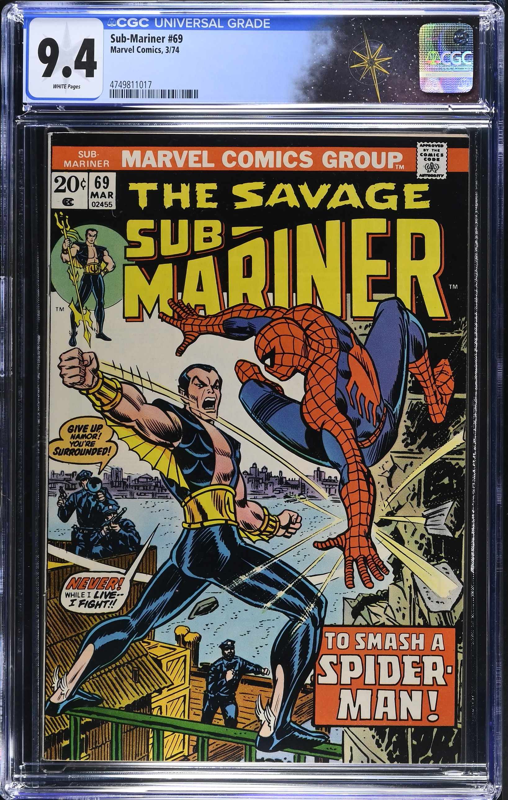 Sub-Mariner #69 CGC 9.4 Spider-Man Cover by John Romita "Two Worlds and Dark Destiny!" (Marvel Comics, 1974) White Pages