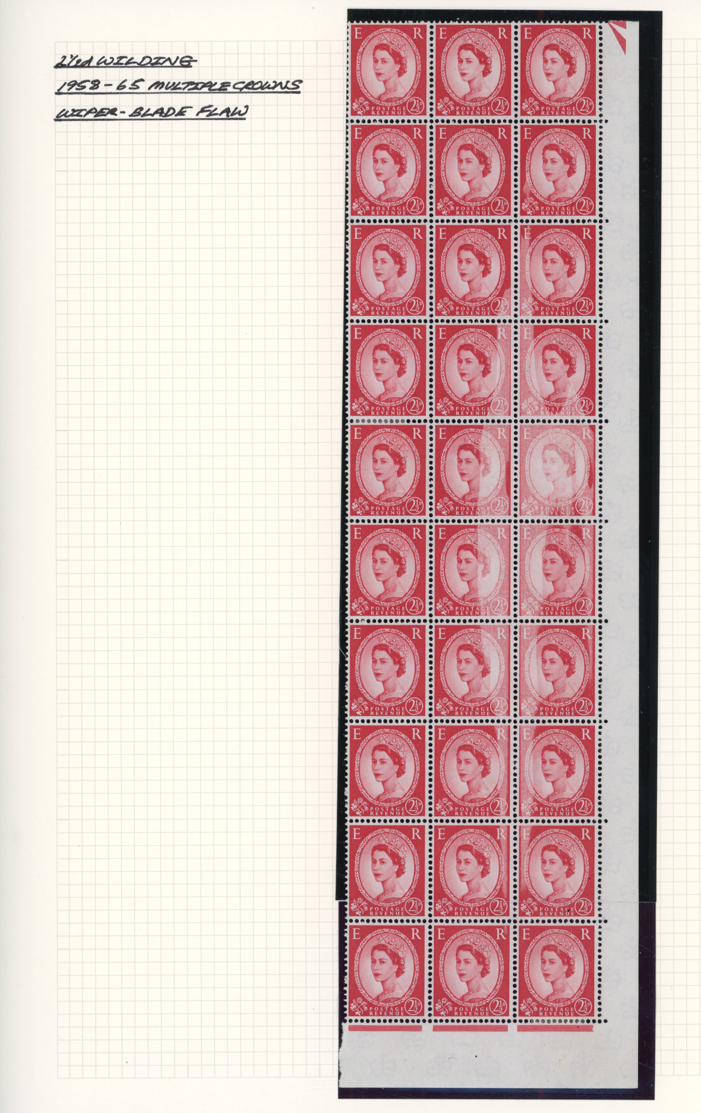 QEII mint varieties and errors on album leaves including 1958 2½d Wilding block of 30 (3x10) with wiper-blade flaw, ITU 
