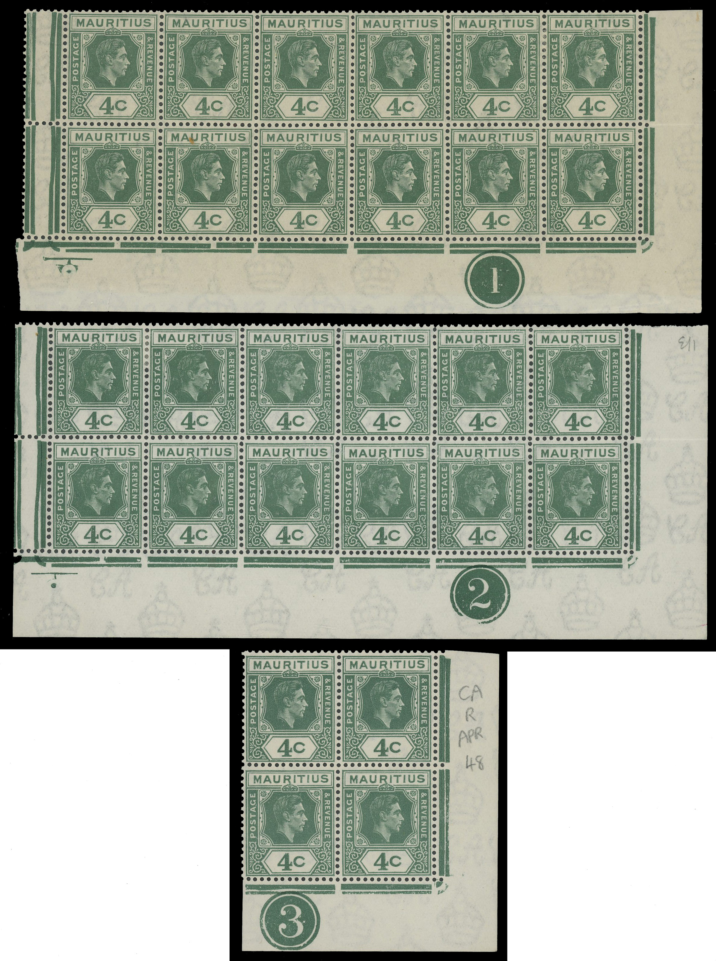 Mauritius SG 254a, ca, cc Plate blocks mint