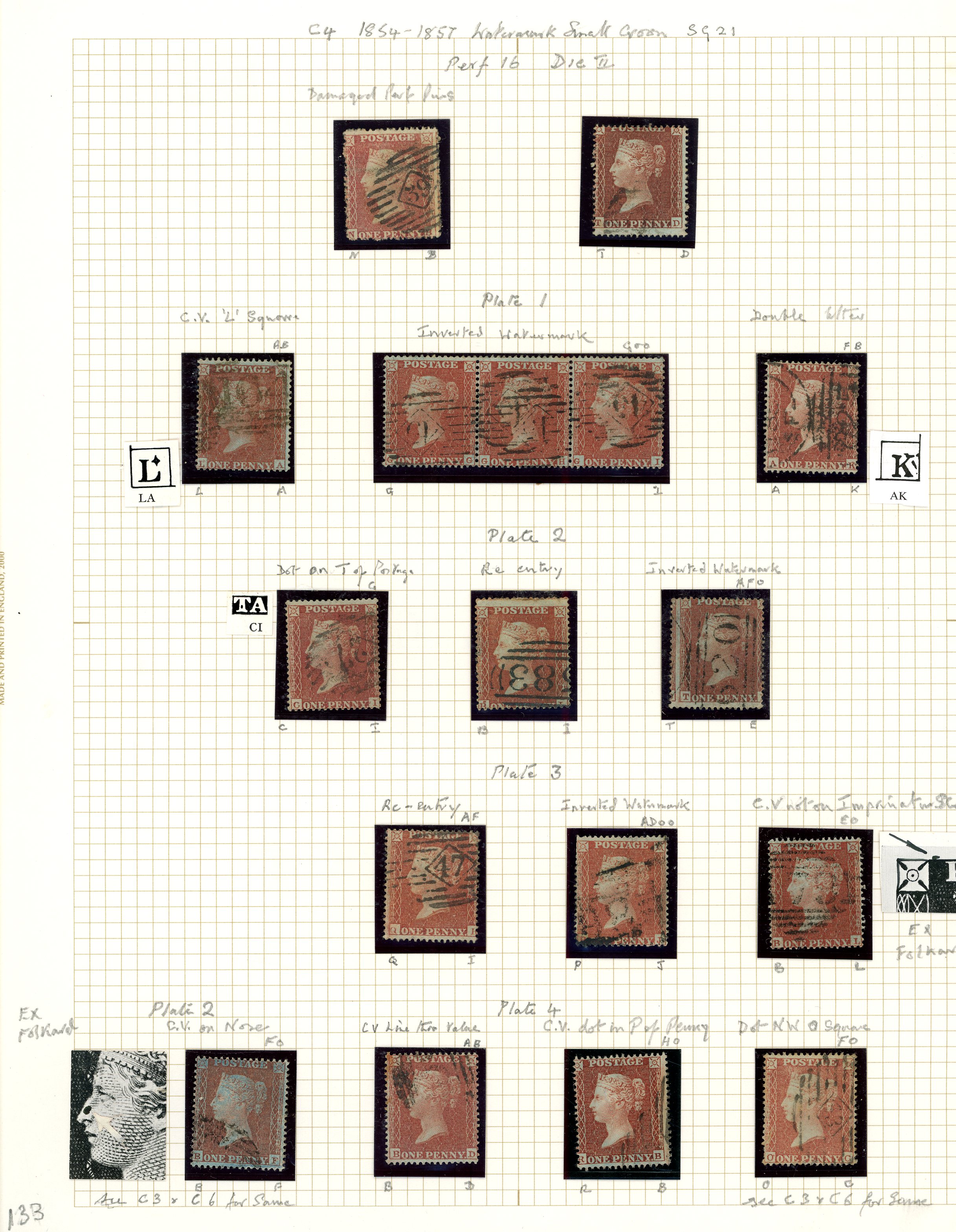 1854-57 1d Red-brown Pl.1-14 A fine group used &...