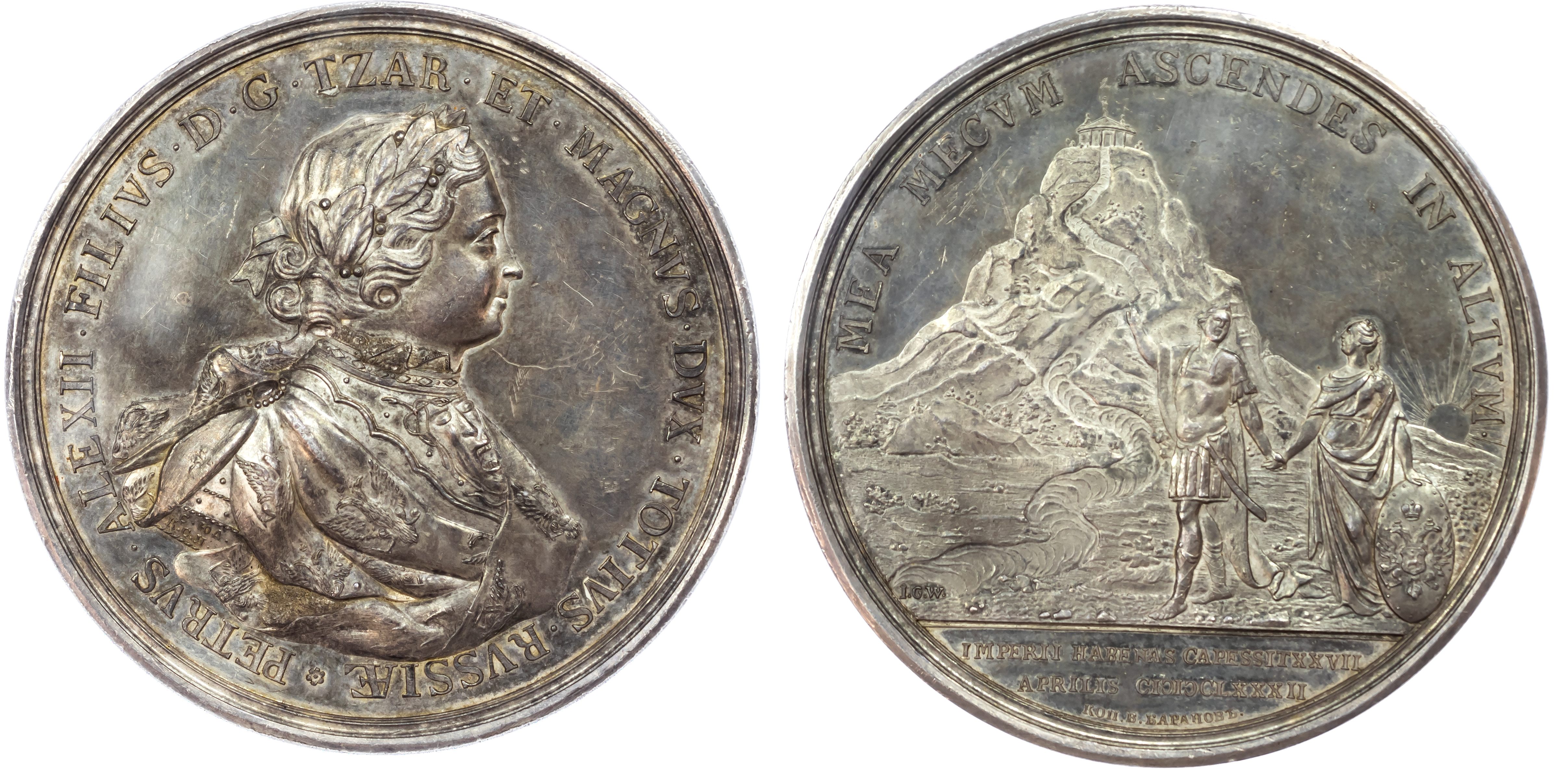 Russia, Accession of Peter I (1682‑1725), silver medal (66.5mm/123.46gm) 1682 by S. Yudin and I.G. Waechter.