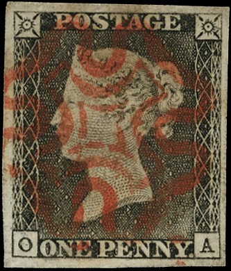 1840 1d black plate 1a, (OA),worn plate, four margins, cancelled with crisp red MC, fine...
