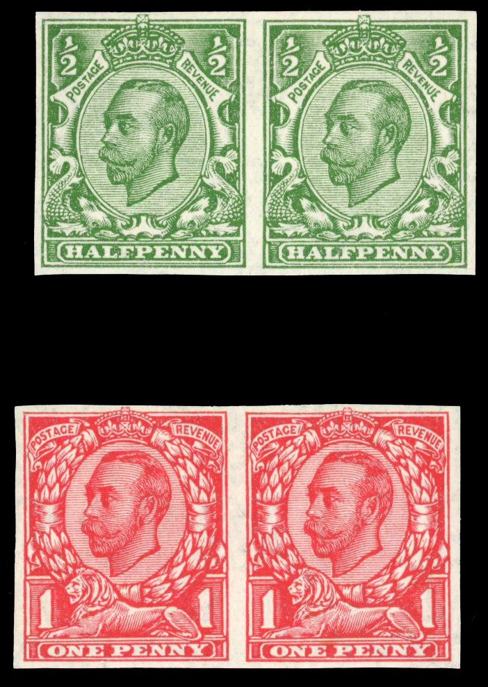 GB: 1912 ½d green and 1d scarlet both in horizontal imperforate pairs, large part o.g. SG 346b, 350b