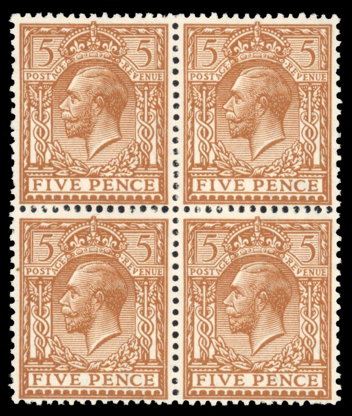 GB: 1912-24 5d reddish brown, mint unmounted o.g. block of four. A fine and scarce shade
