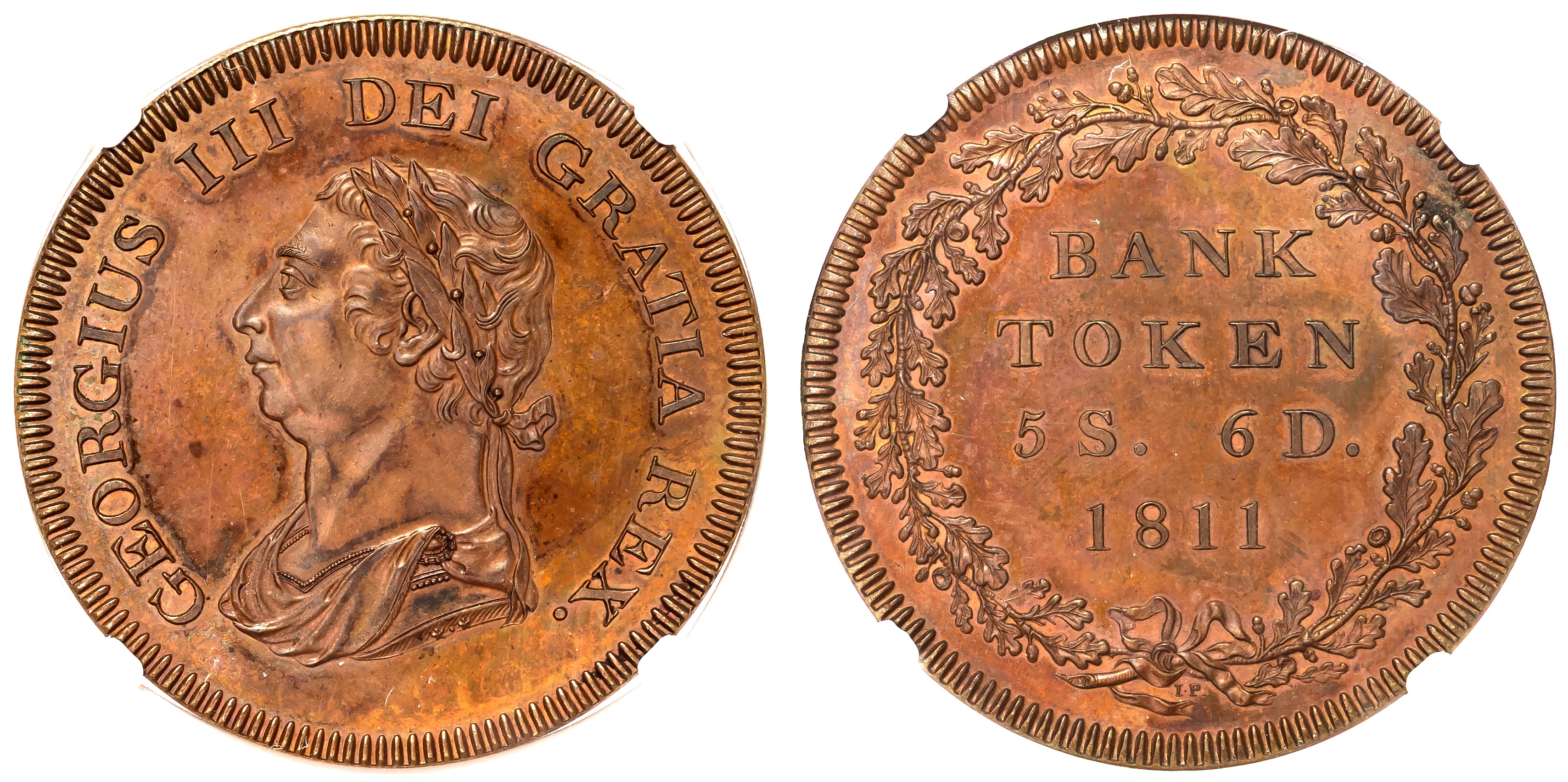 George III (1760-1820), Pattern Proof Bank Token, 5-shillings and 6-pence, 1811, struck in bronzed copper.
