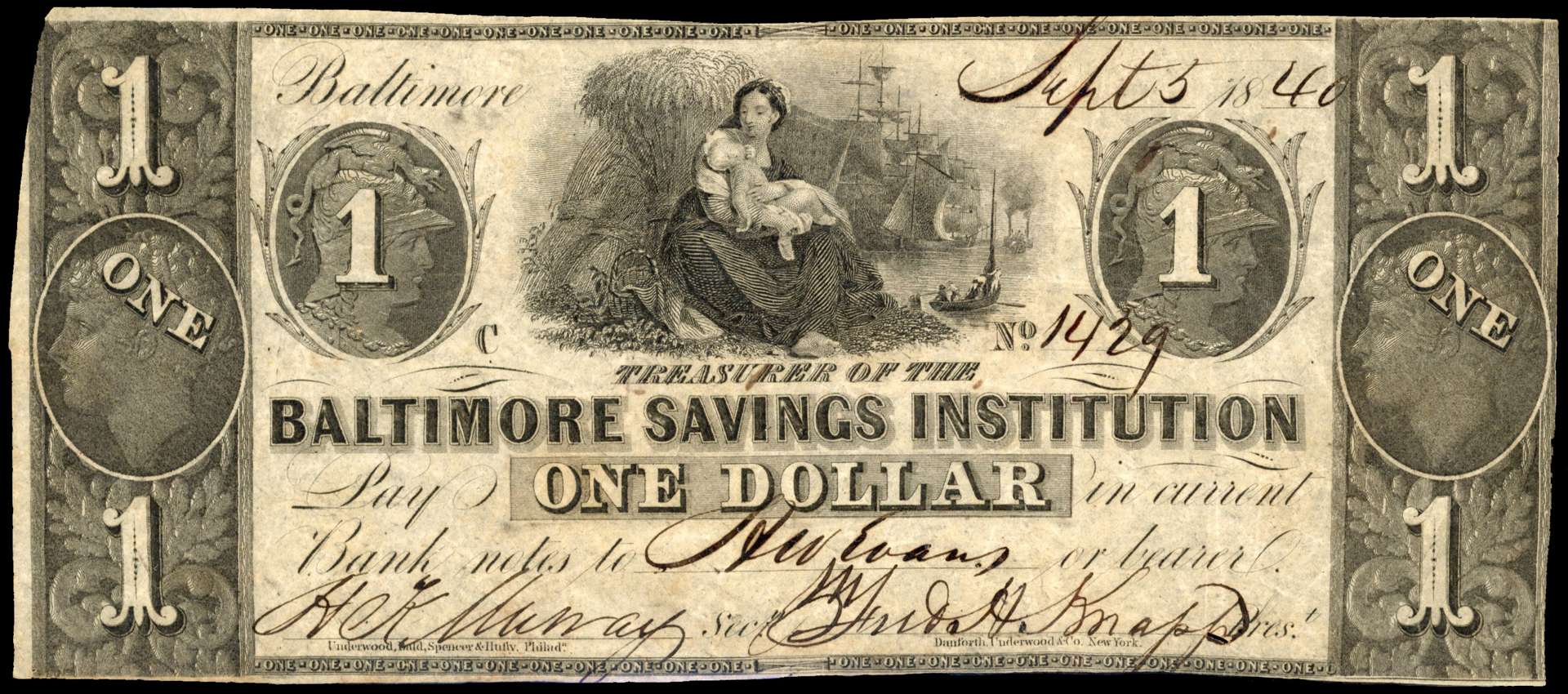 USA, MD. Baltimore, Baltimore Savings Institution, Uniface One Dollar, 5 Sep. 1840. About Very Fine, unfaded a…