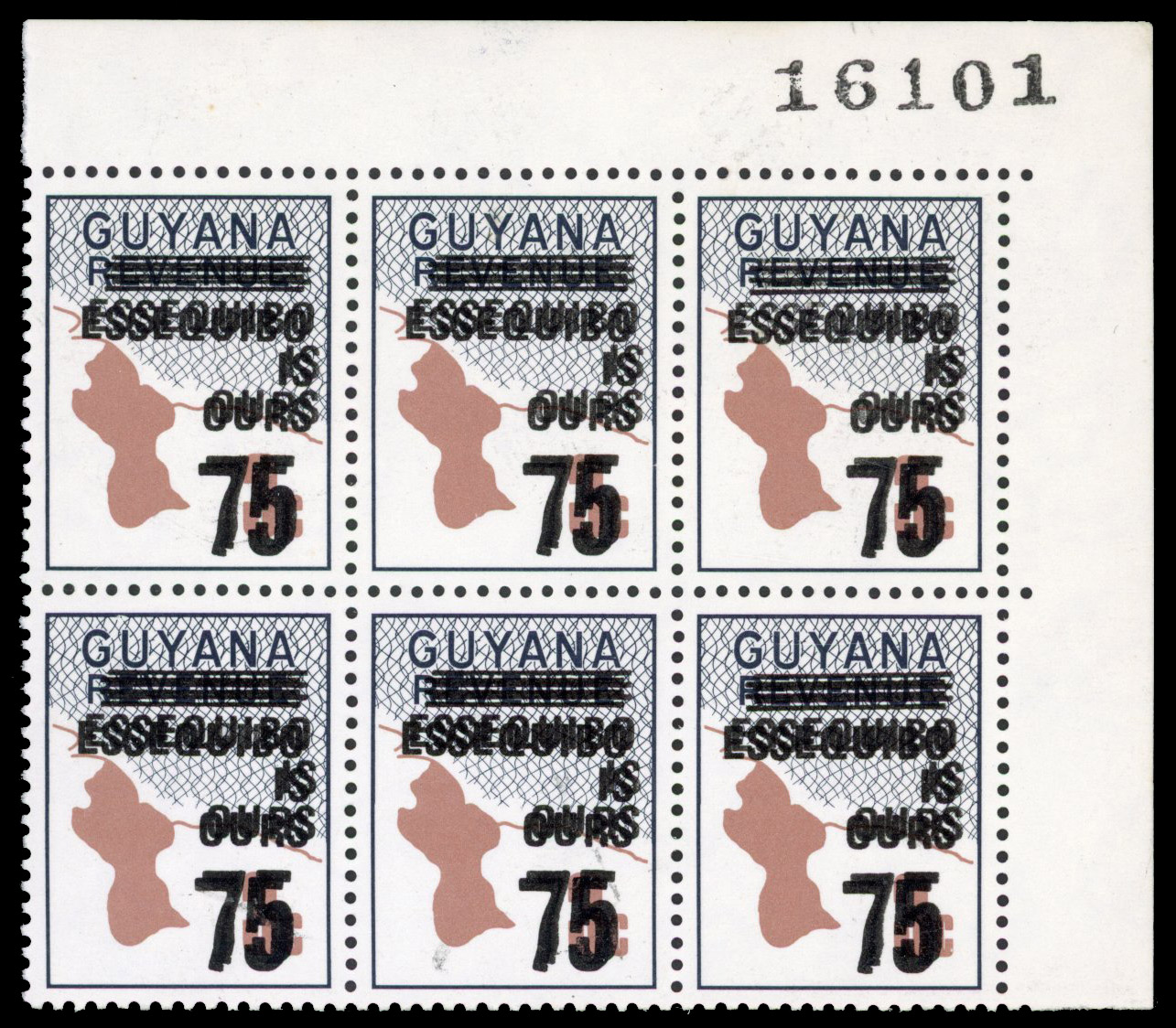 Guyana: 1981 Revenue stamp 7c on 3c, mint block surcharge double SG 775a