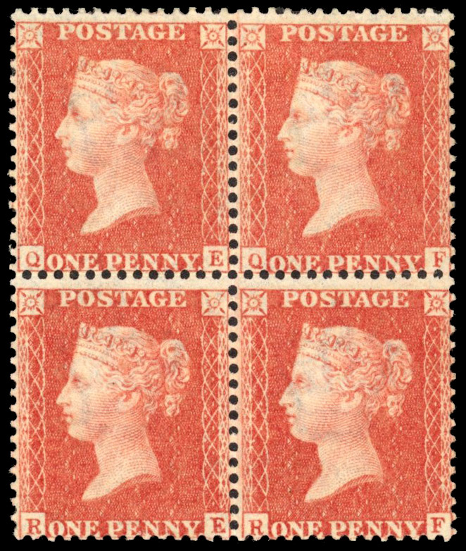 SG 33 1857 1d red-orange Plate 46 block of four mint