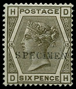 1882 6d Grey Pl.18. Very fine and fresh unused o.g. example lettered DH, overprinted "SPECIMEN" type...