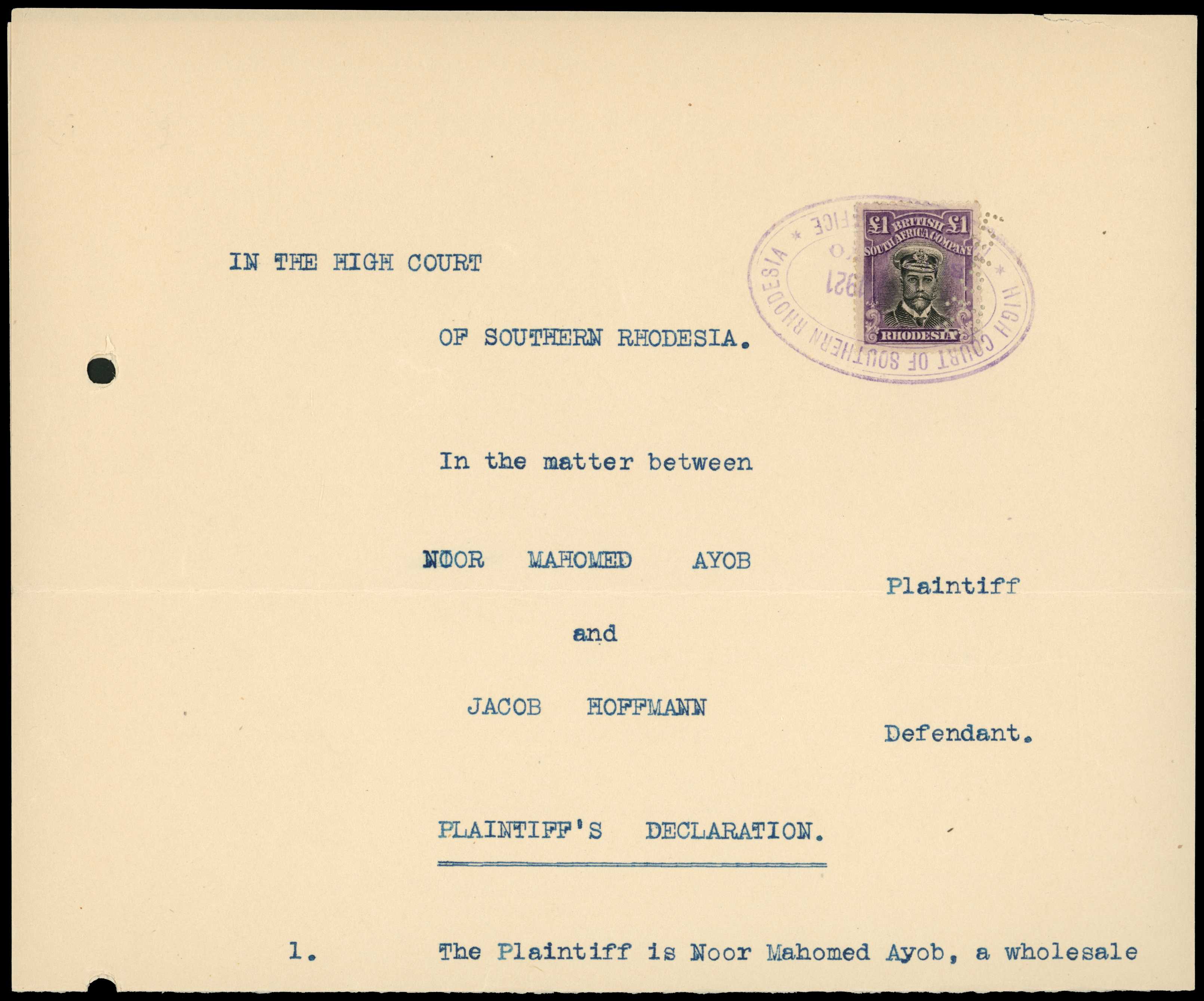 Revenues. 1921 Plaintiff's Declaration...