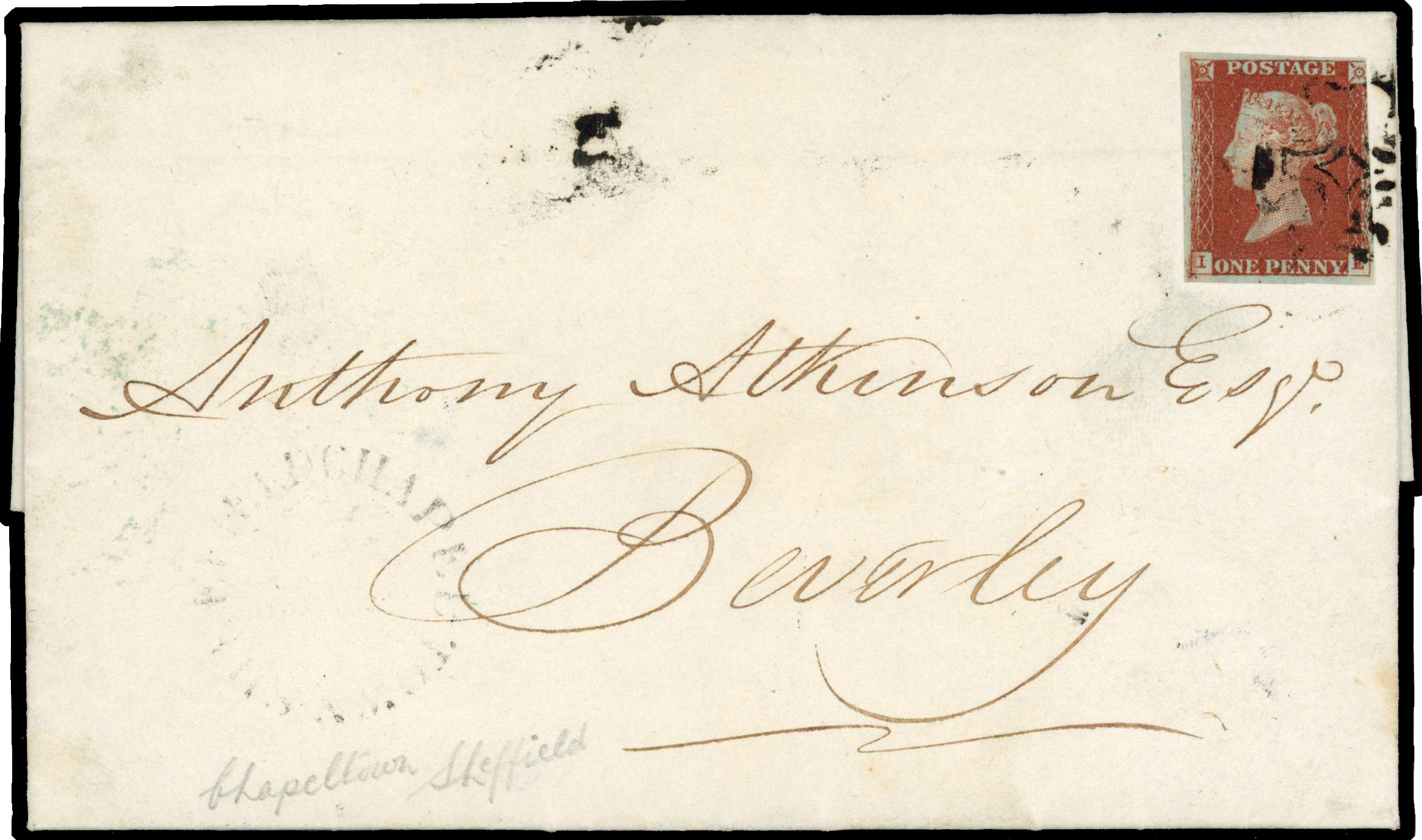 1845 (8 Dec) entire letter to Beverley franked with 1d red (slightly cut-into at right) cancelled by black Maltese Cross
