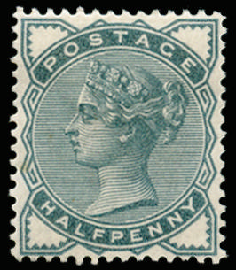 Great Britain 1884 ½d Colour trial (Perf 14). Very fine unused perforated example printed in greenish grey on gumm…