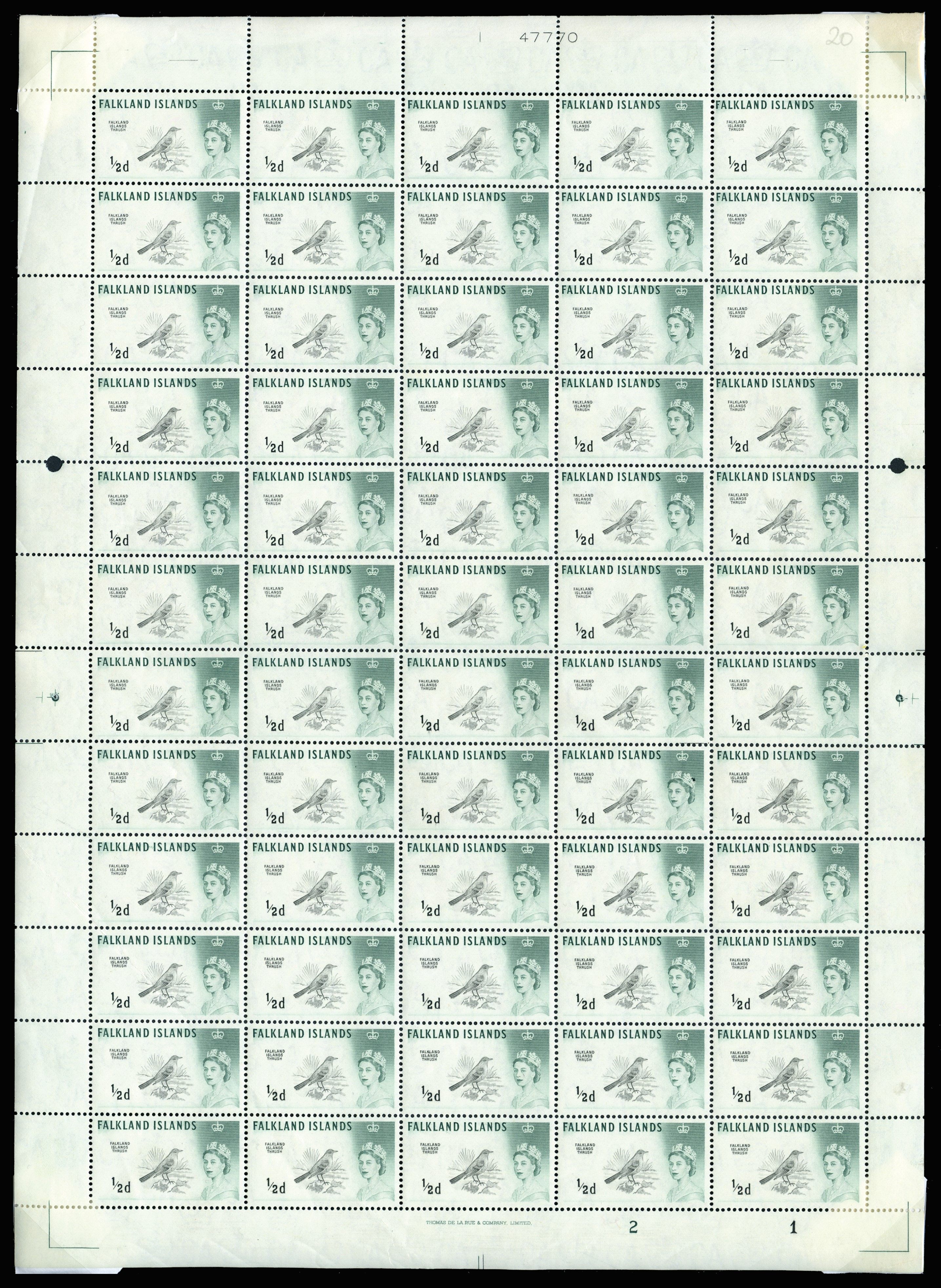 Falkland Islands SG193a/ac 1960-66 ½d DLR H flaw sheet of 60