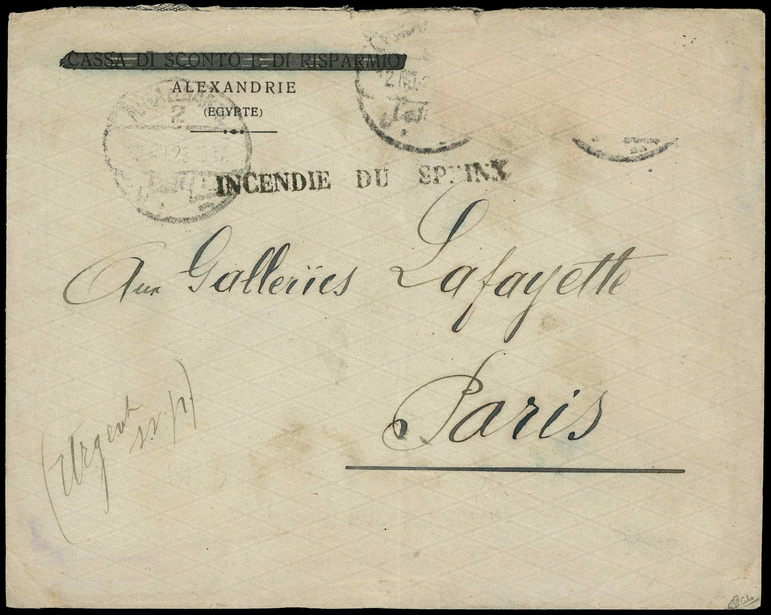 DISASTER MAIL: 1923 envelope from Alexandria...