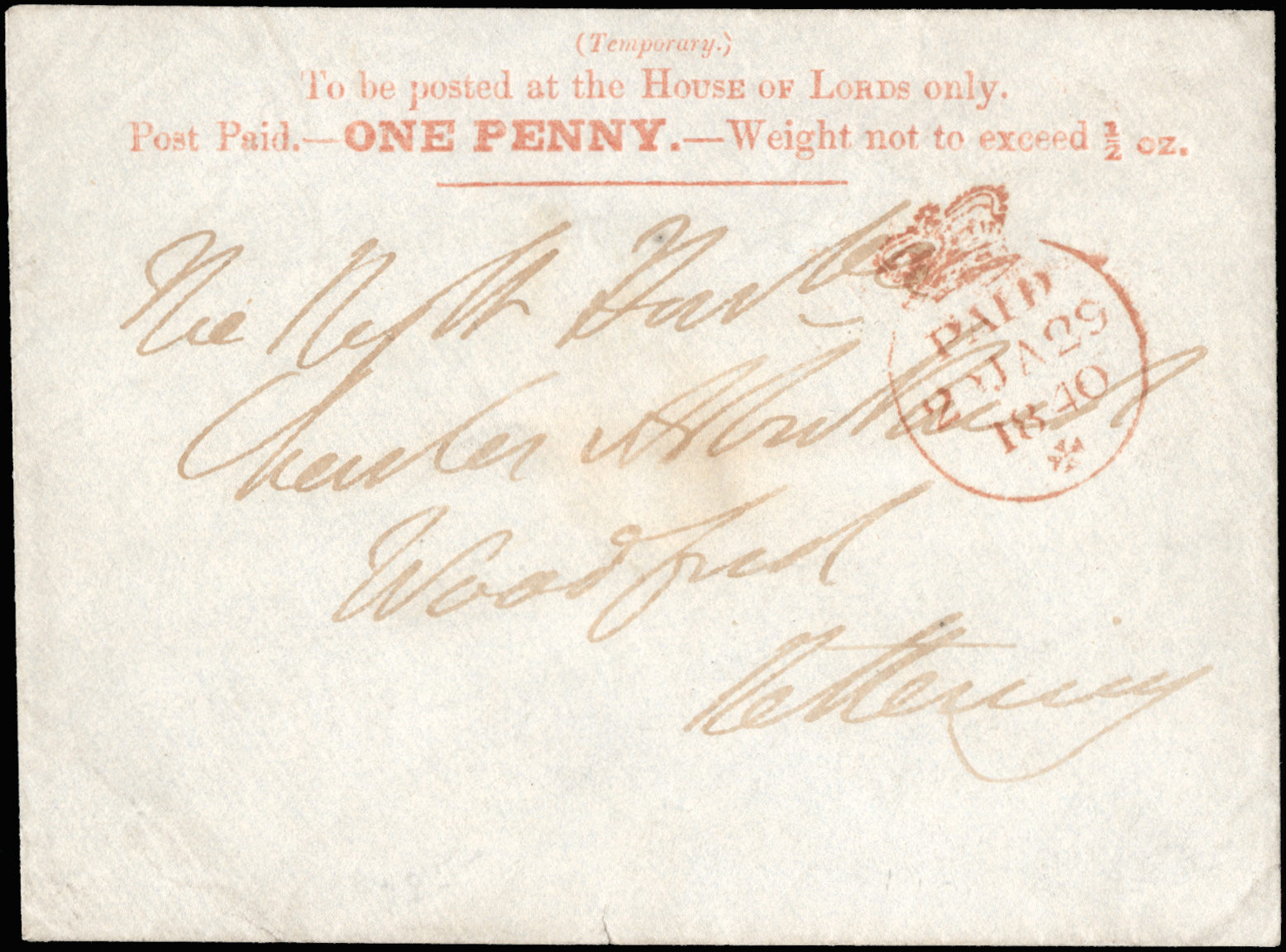 GB SGPE5 1840 1d “Houses of Lords“ Envelope. VFU