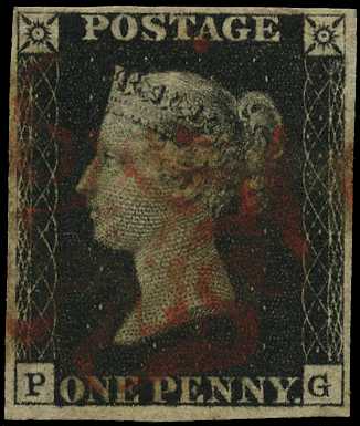 1840 1d black, Plate 5, (PG), four clear...