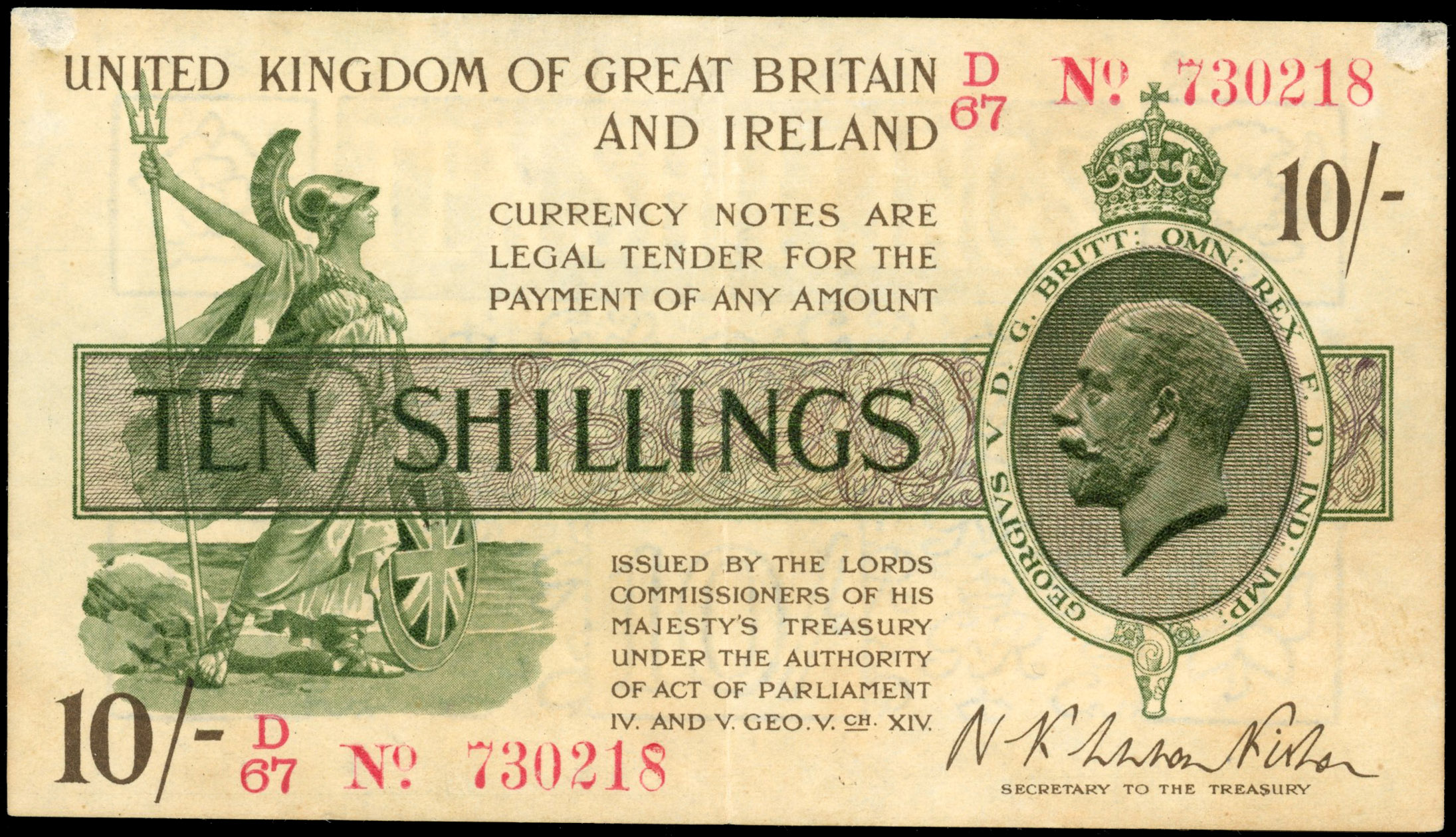 Treasury, N F Warren-Fisher (first issue), Ten Shillings, Sept. 1919, D/67 730218 in red, (Dugg. T25). Central…