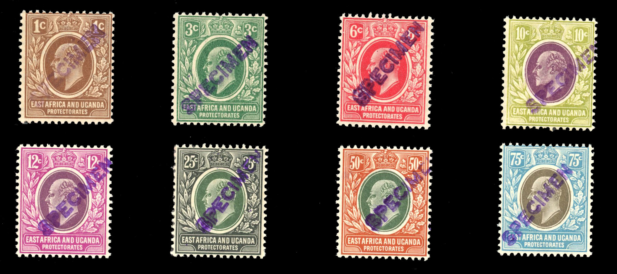 East Africa SG 34s-42s less 39s 1907-8 set less 15c local SPECIMEN handstamps