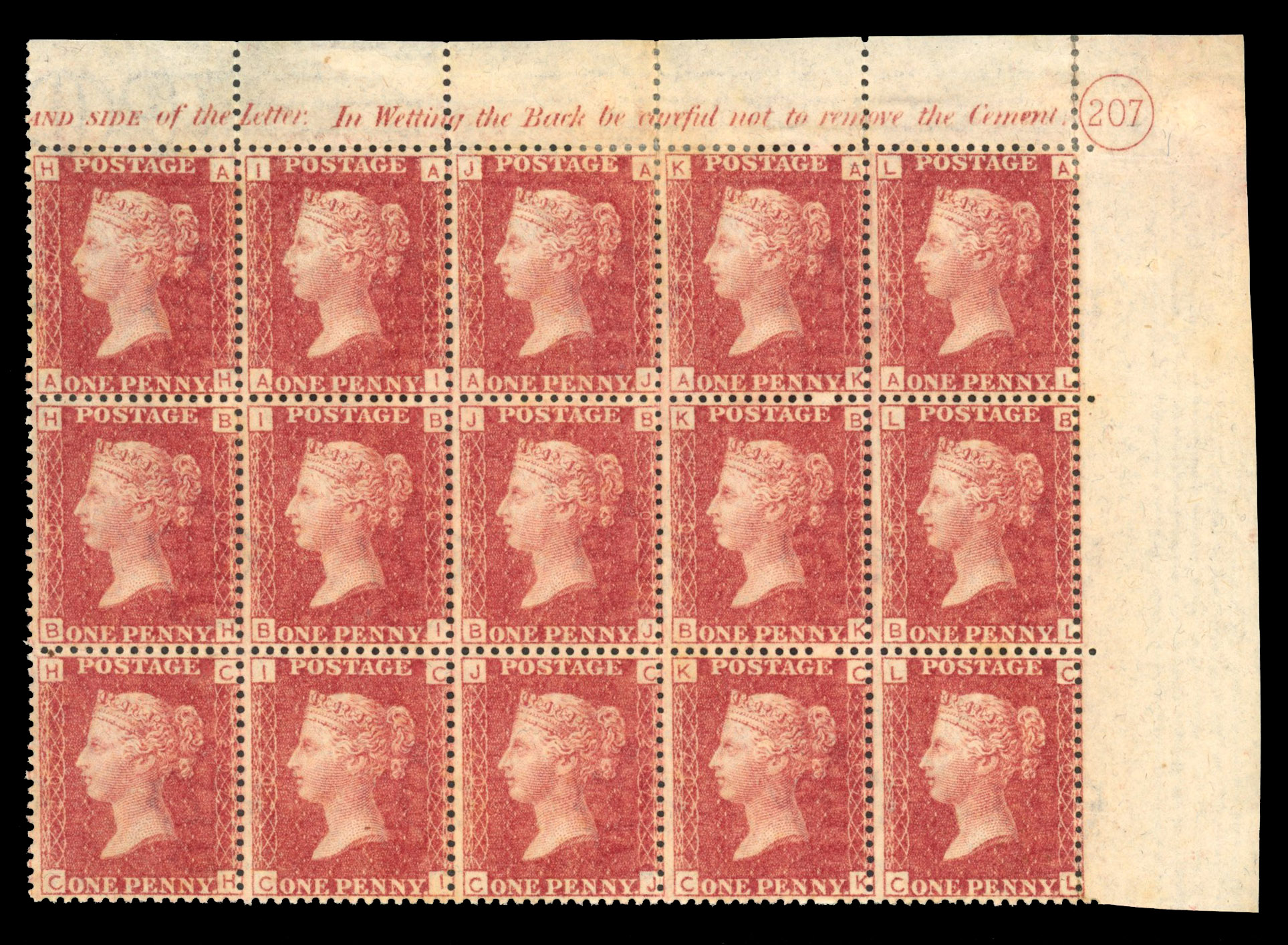 SG 43 1864-79 1d rose-red, Plate 207 Plate block of fifteen