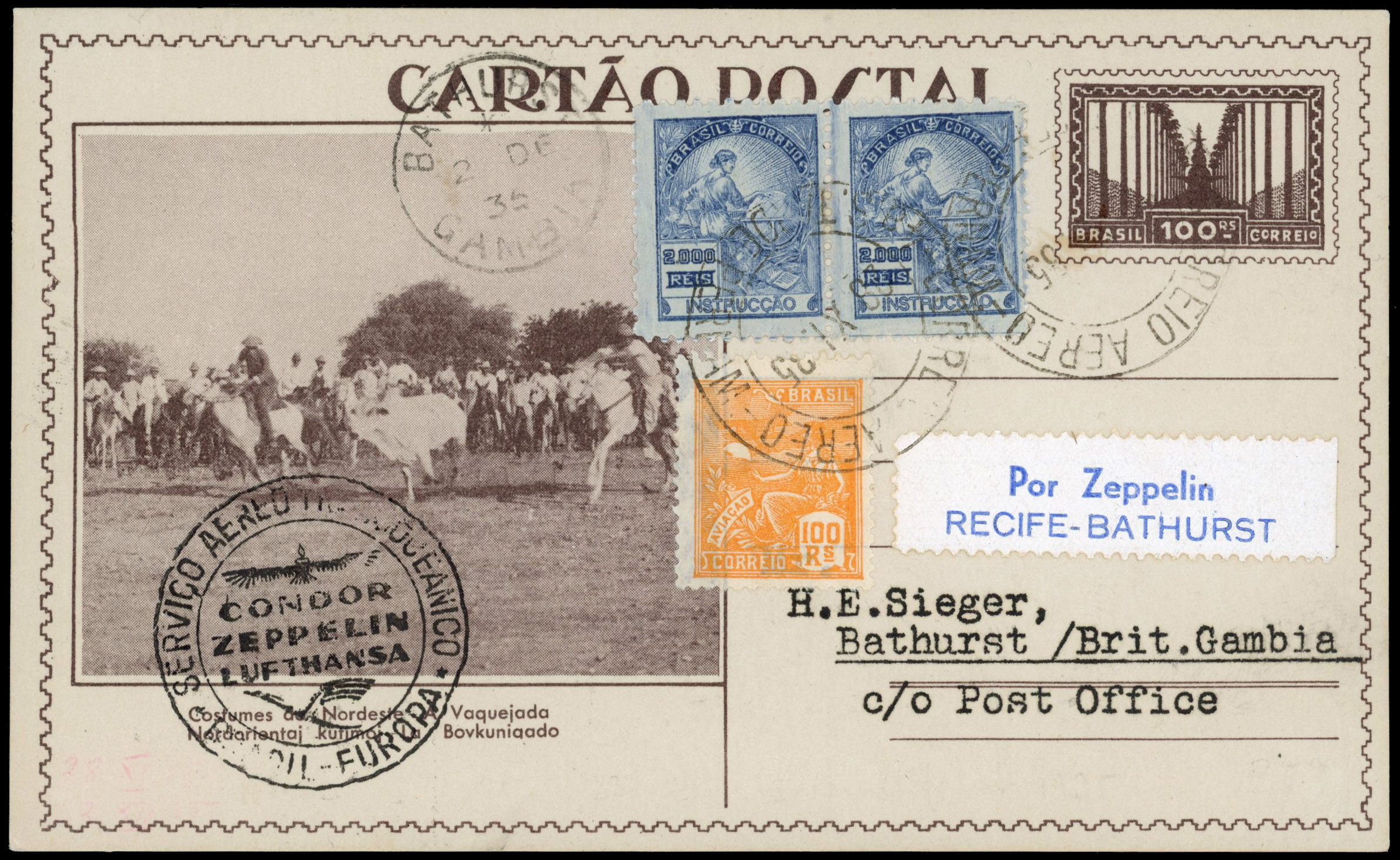 Brazil Airmails 1935 Sieger stationery card Zeppelin flight to Gambia