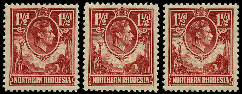 1938-52 1½d carmine-red, three examples,...