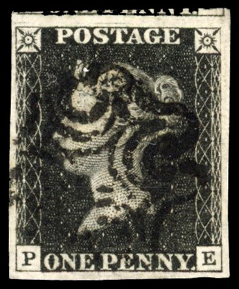 Great Britain 1840 1d black, plate 5 (PE), large even margins, cancelled by distinctive Leeds Maltese Cross in black
