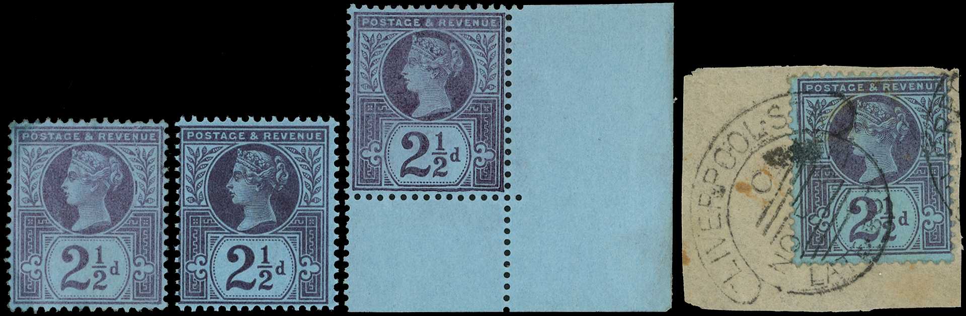 1887 2½d purple on blue paper, four examples....
