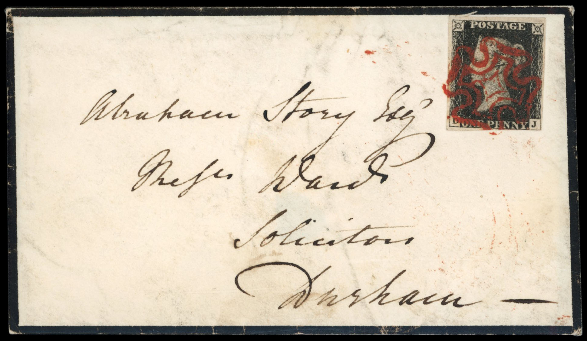 GB 1840 1d black, Plate 6 (DJ), on mourning cover to Durham