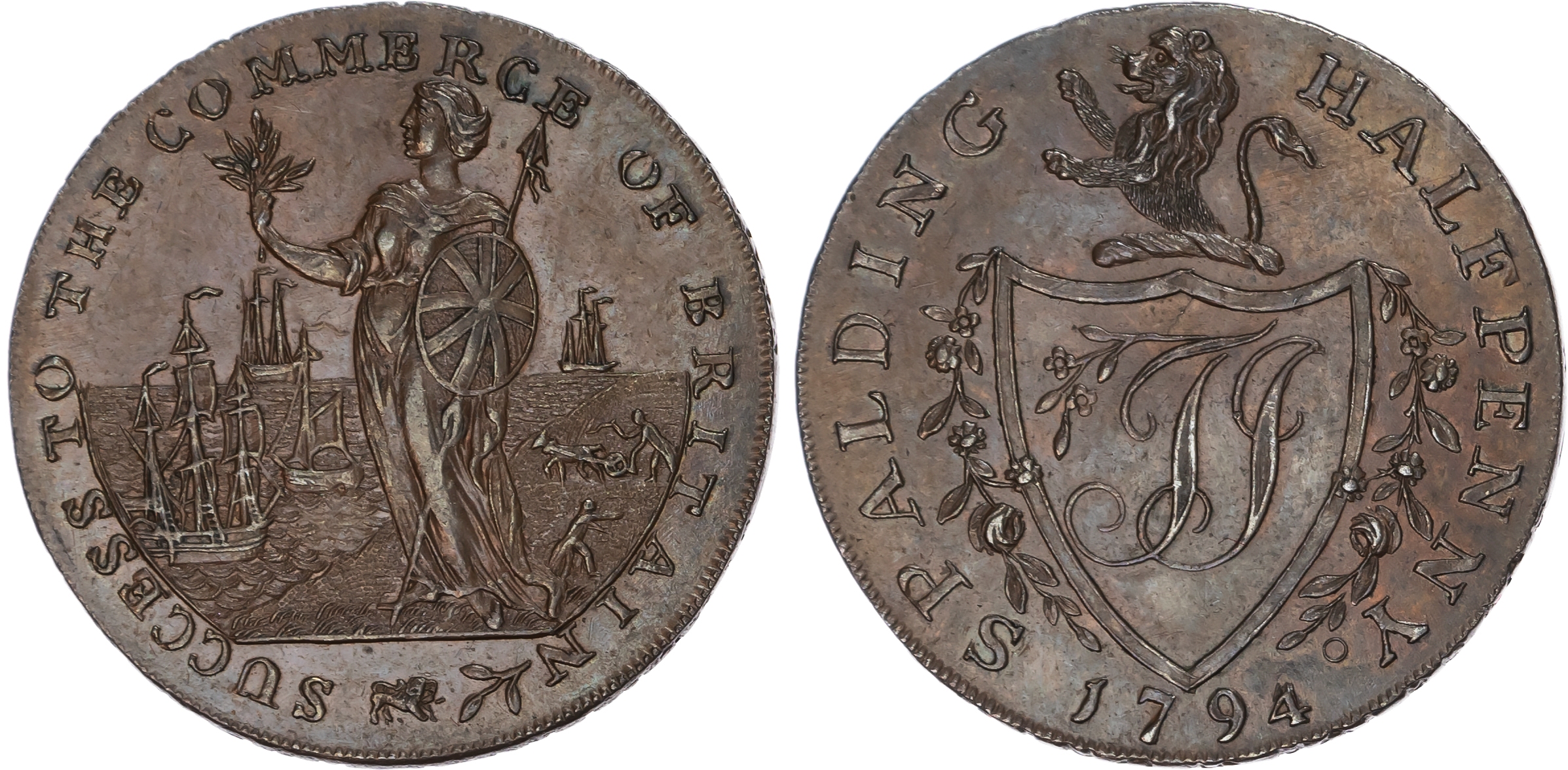 Lincs. Spalding . Thomas Jennings (ironmonger & stationer) Halfpenny 1794, Britannia standing left viewing nav…