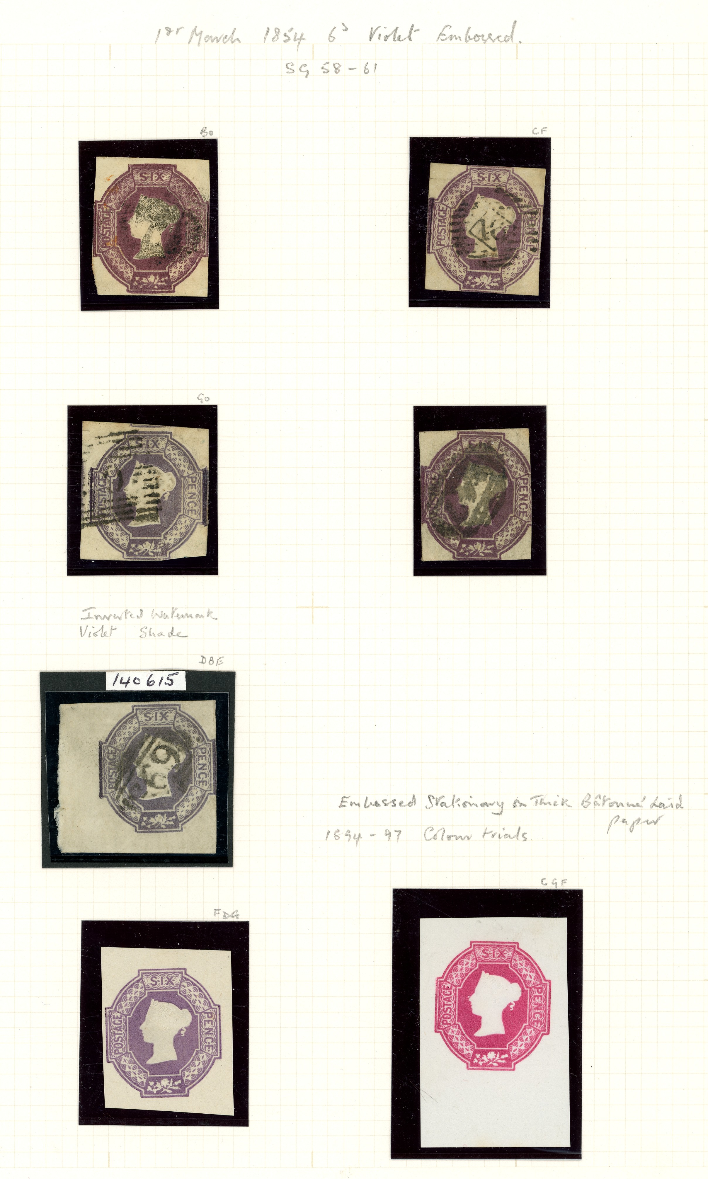 Great Britain 1854 6d Embossed collection on loose album page SG 58-61