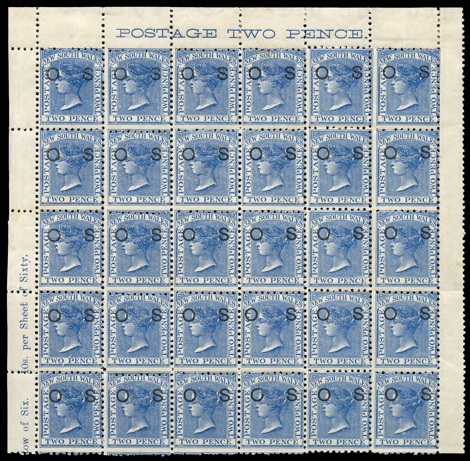 NEW SOUTH WALES SG O21c var 1882-85 2d BLOCK OF 30 WIDE OS