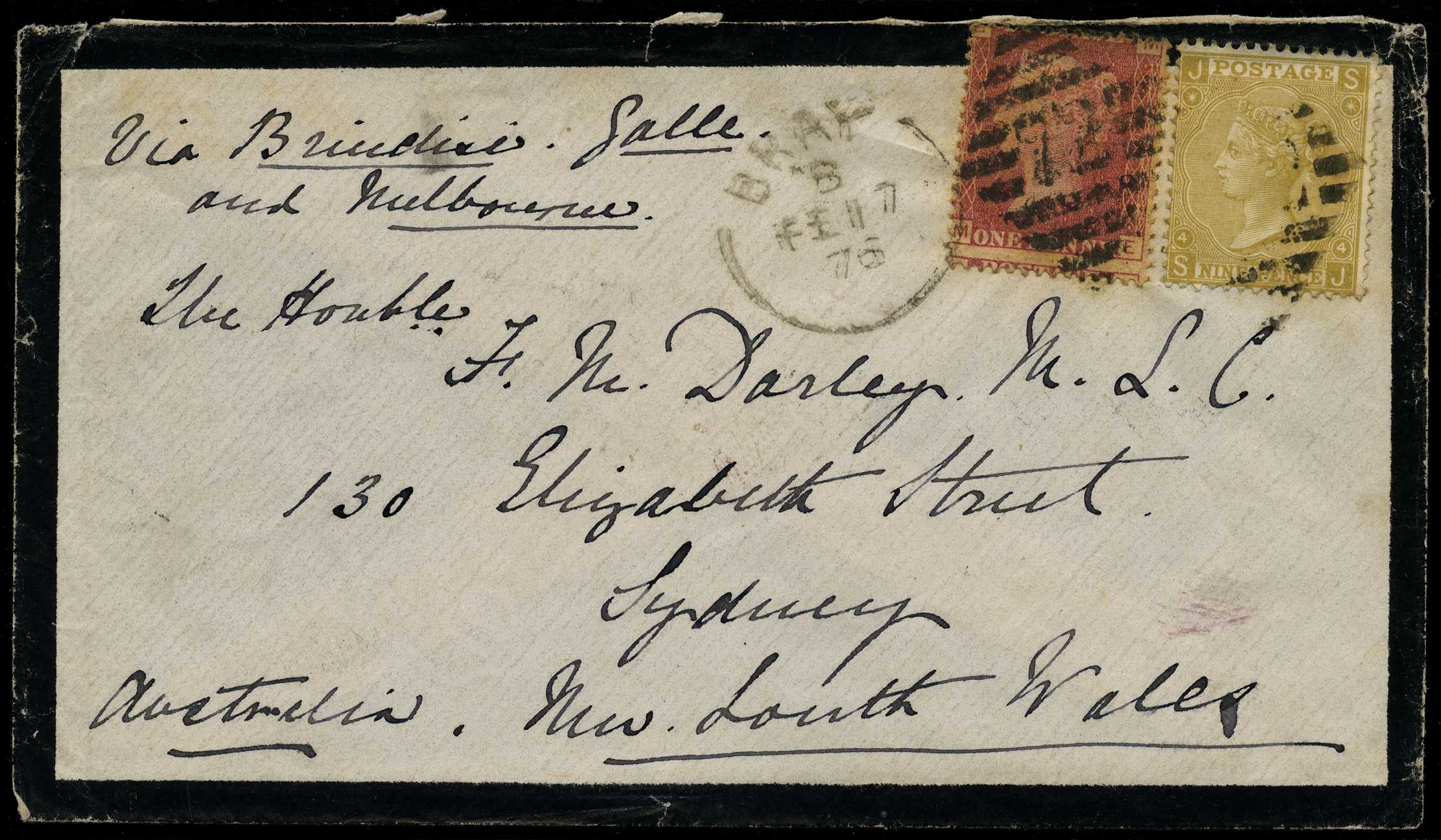 OVERSEAS MAIL: 1876 Mourning envelope...