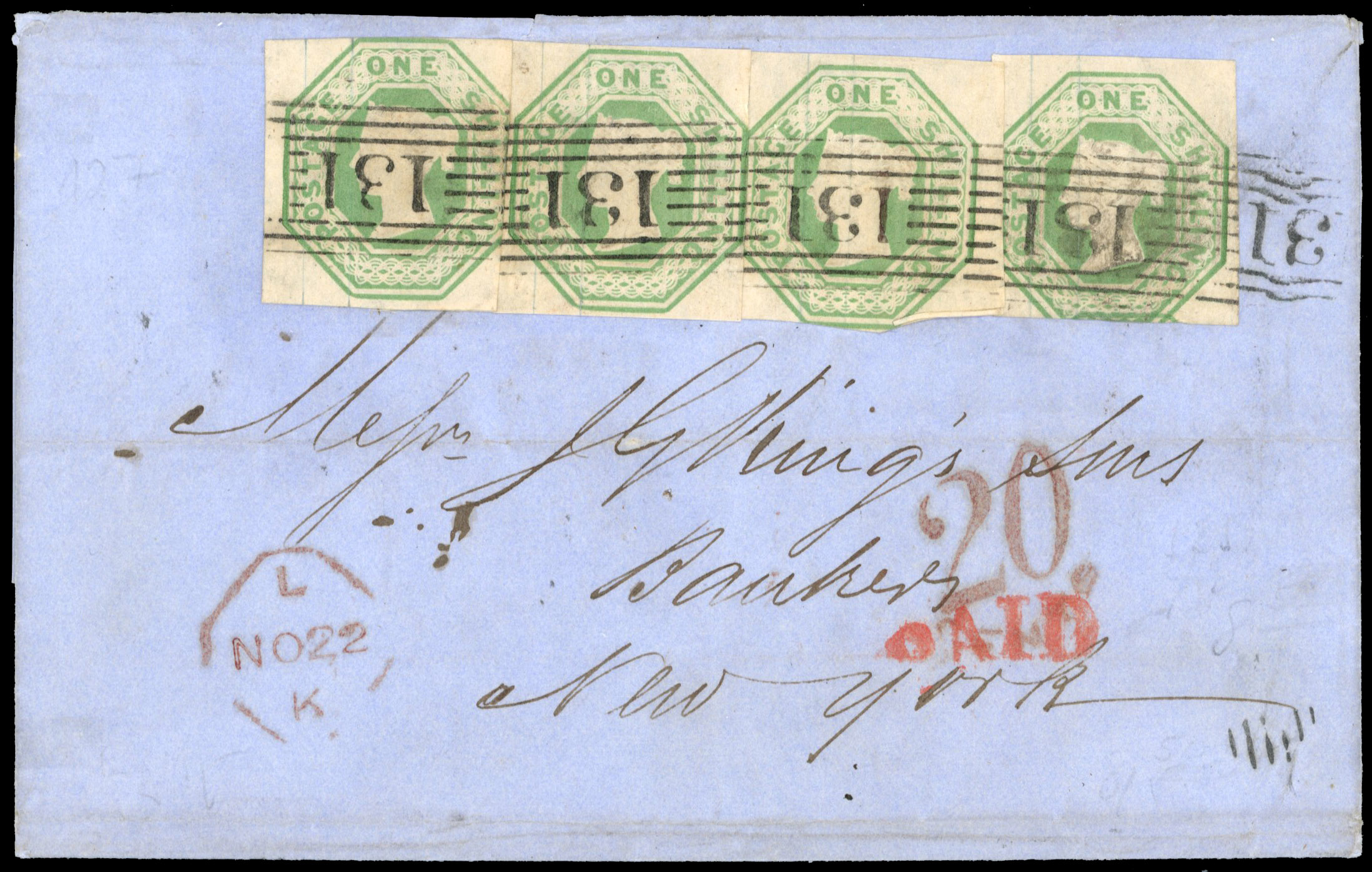 Great Britain 1856 entire letter to New York franked by 1/- green Die II x4. SG 56ii