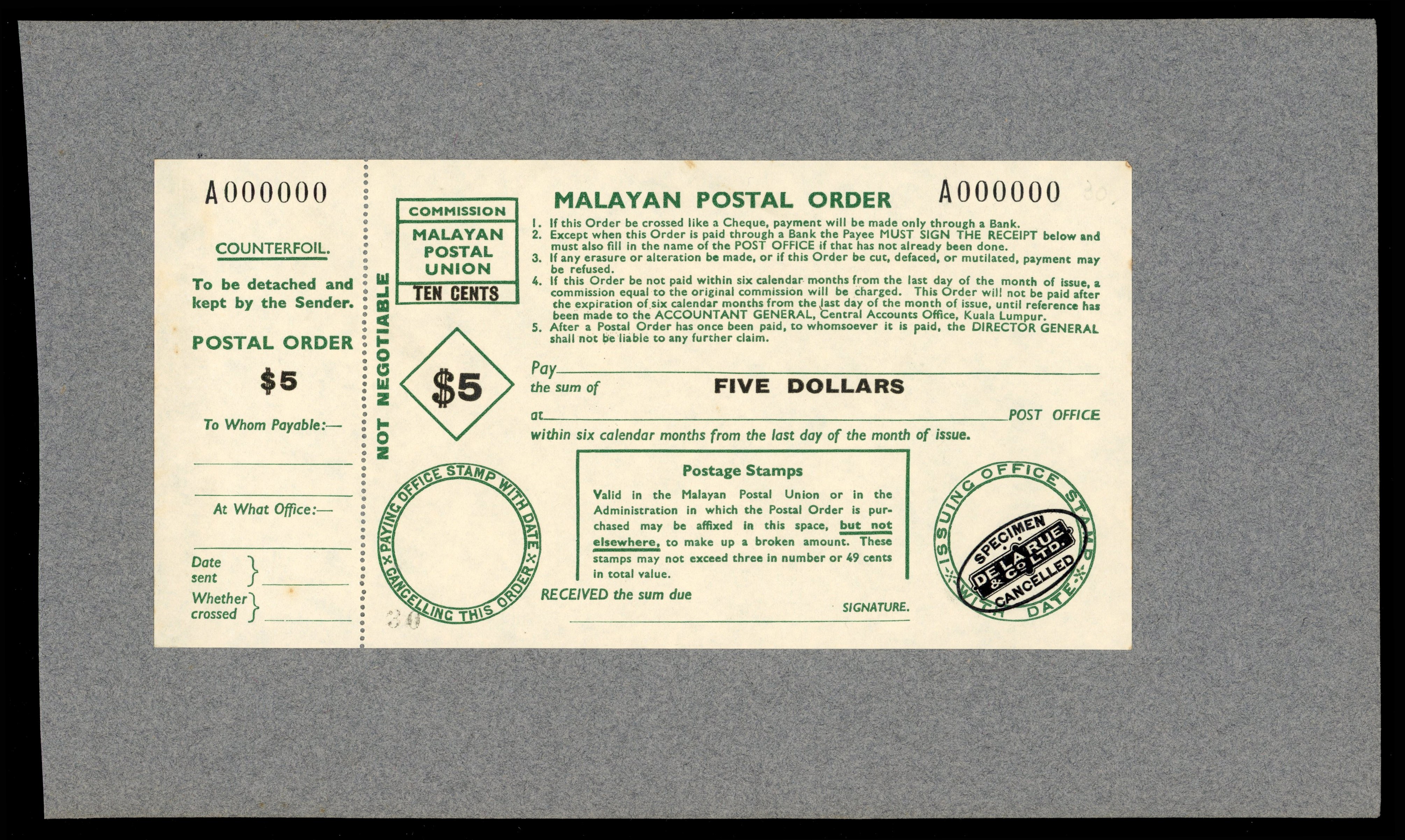 Malayan Postal Union Postal Order De La Rue Proof