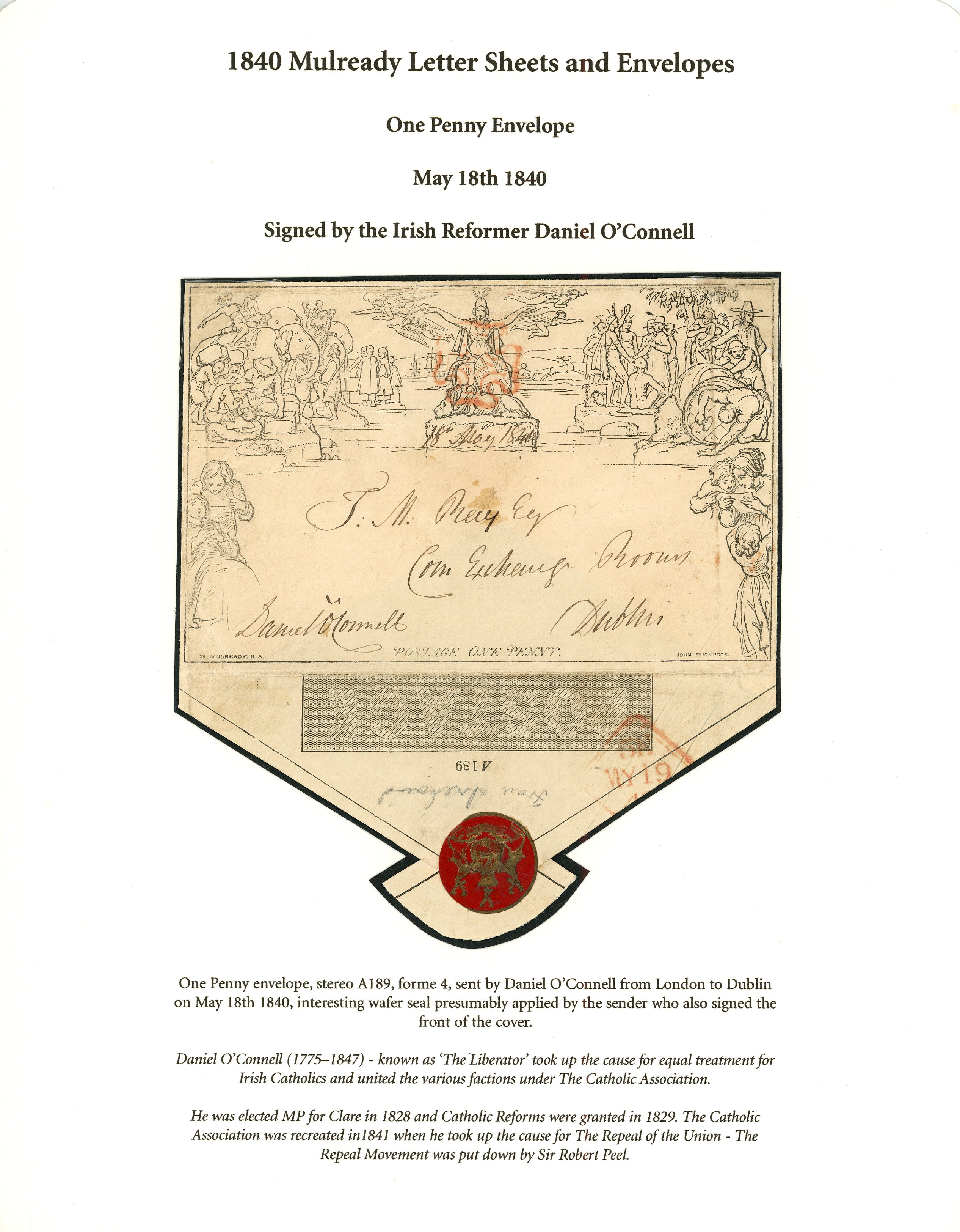 1840 1d black Mulready envelope, stereo A189, forme 4, sent May 8th 1840 by Irish Reformer, Daniel...